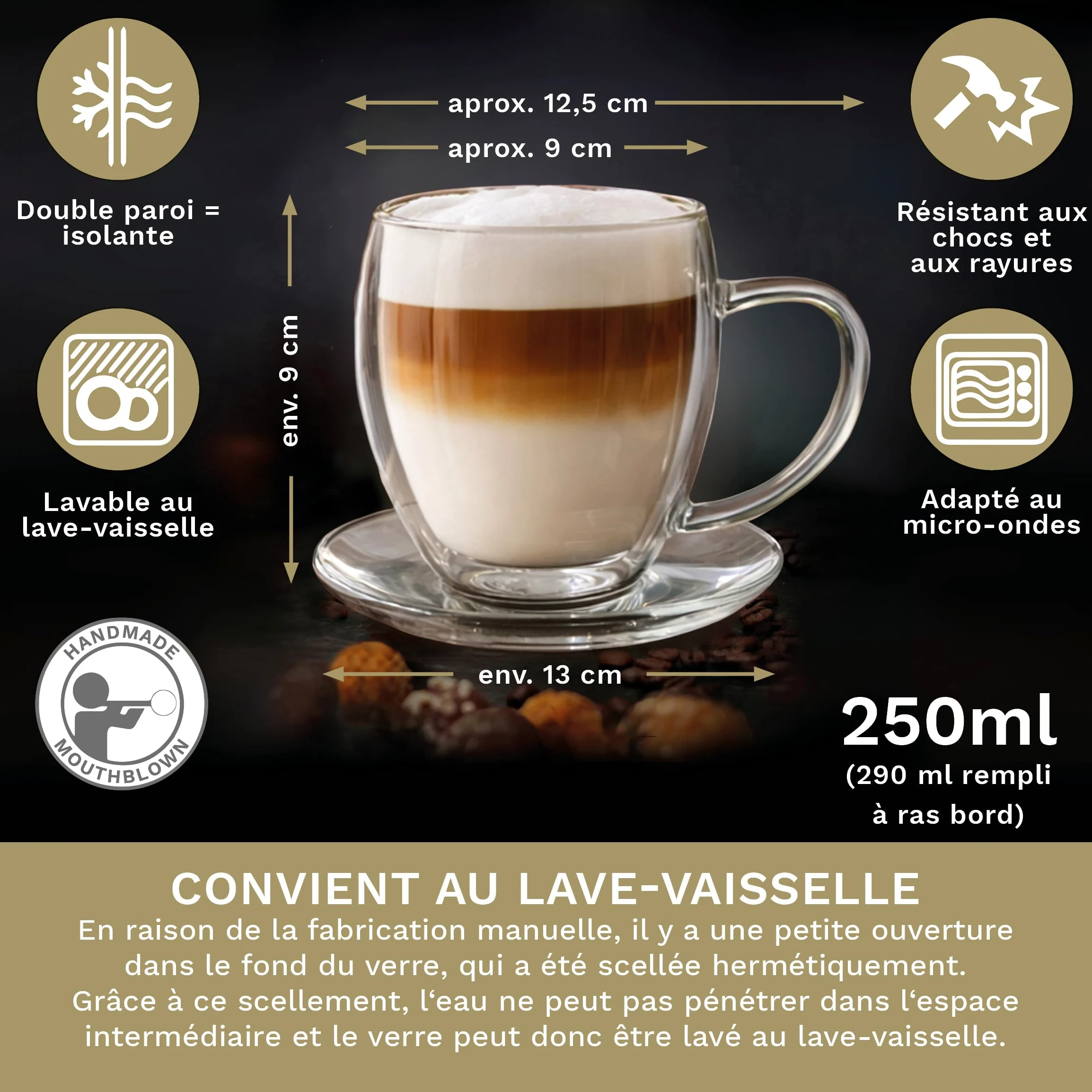 Creano Lot de 6 Tasses à Thé Double Paroi 250ml avec Soucoupes – Grand Set de Service Thermique Bombé en Verre Borosilicate – Idéal pour Gastronomie & Famille