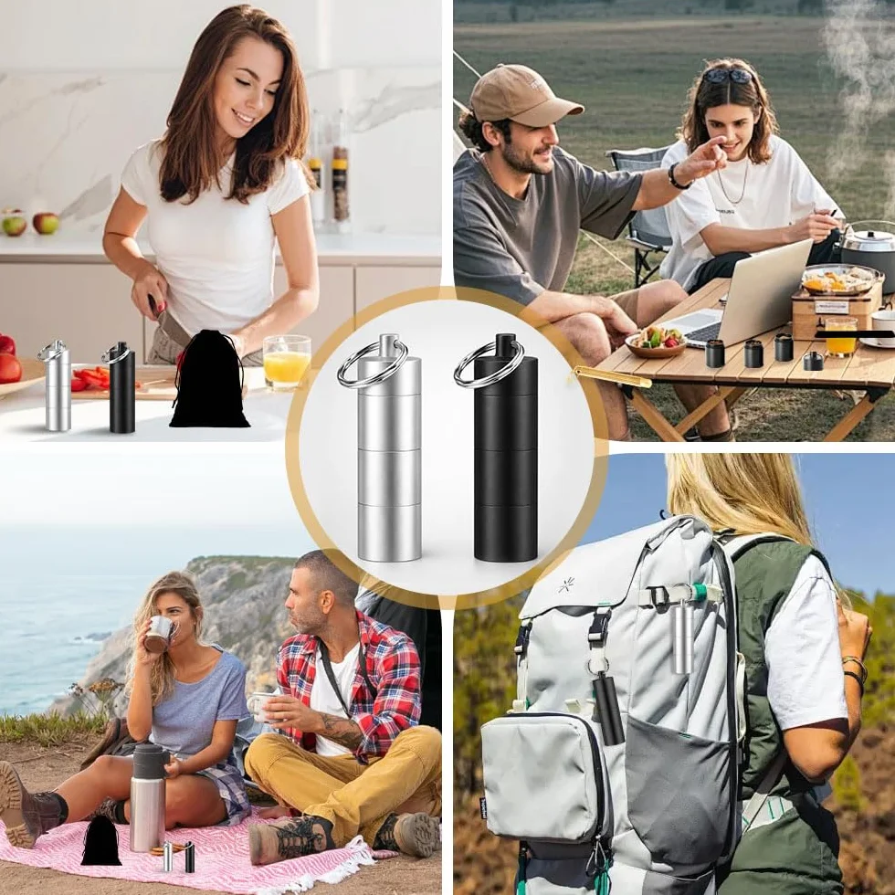 Lot de 2 Mini Pot à épices Aluminium Portable avec Sac à Cordon et Cuillère pour Camping BBQ