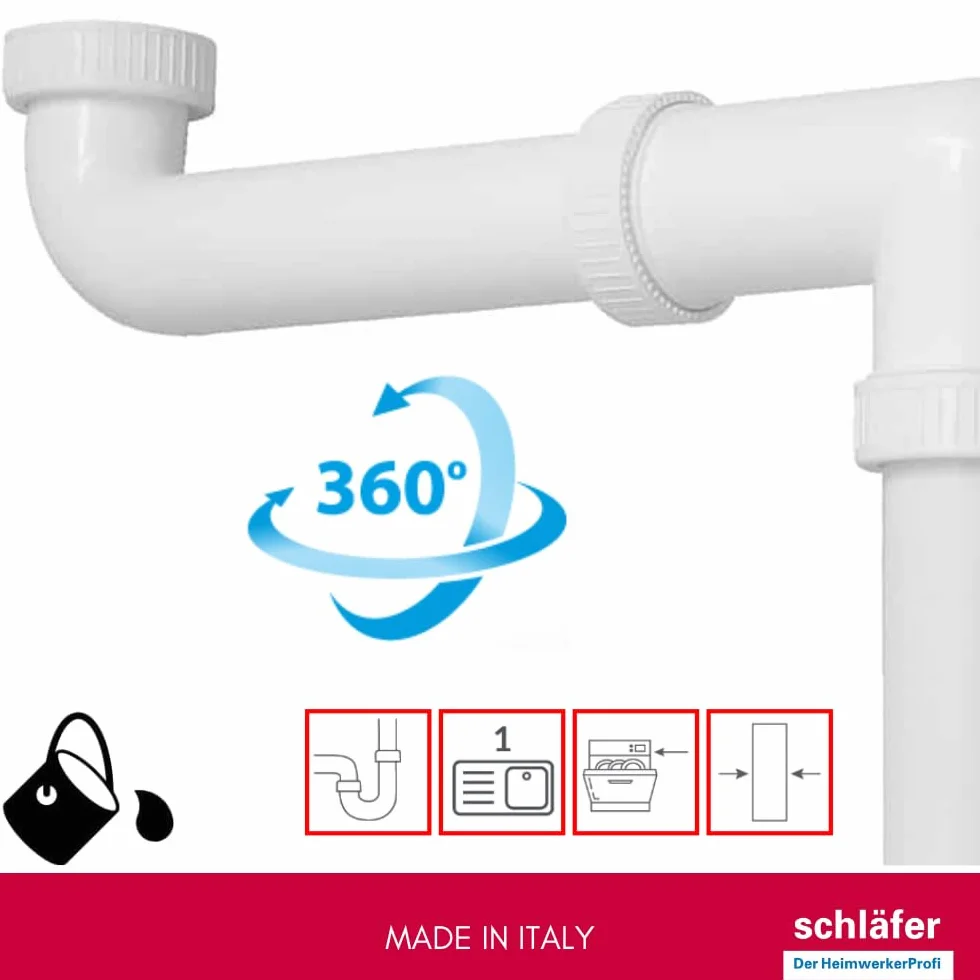 Siphon universel 1"1/2 pour éviers, sortie 40 mm, set siphon en S plastique, autonettoyant avec fixation lave-vaisselle
