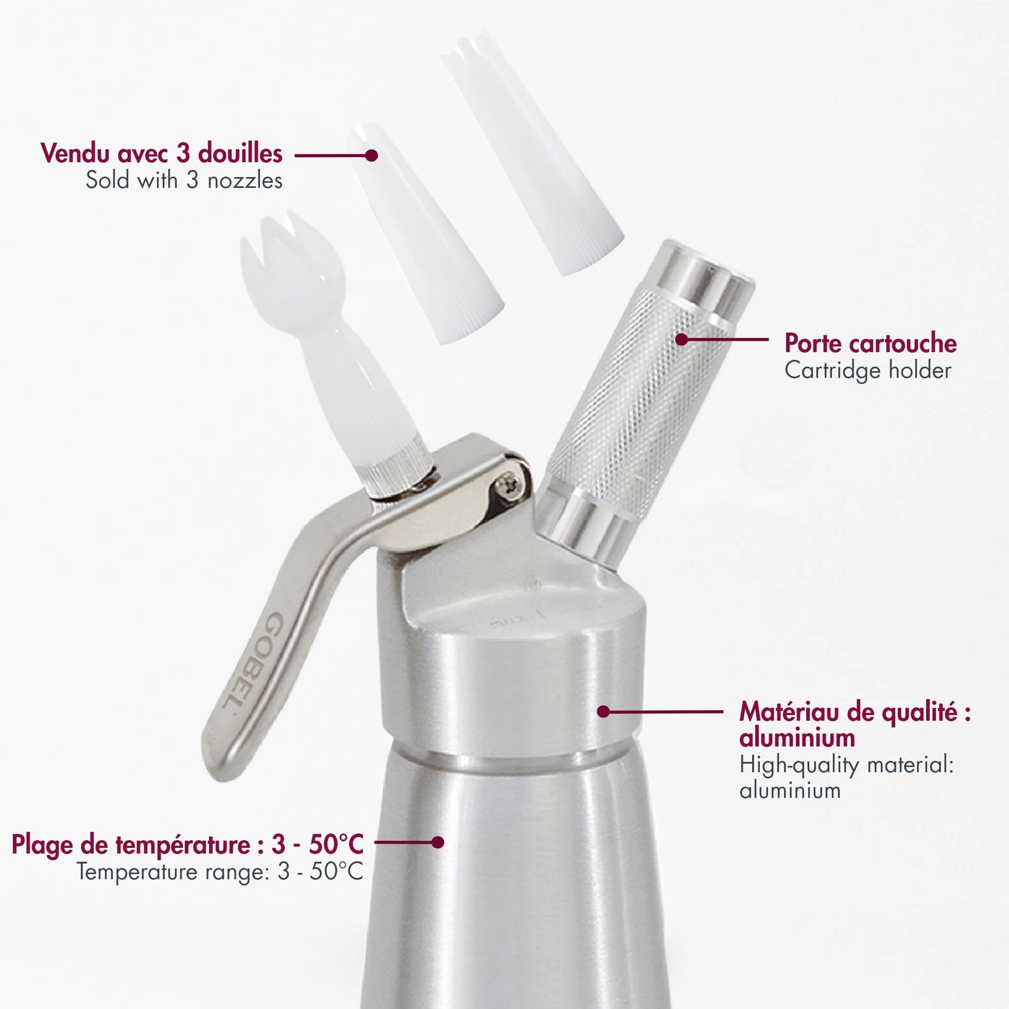 Siphon Chantilly 500 ml Aluminium Crème Chantilly Espumas Mousses 3 Douilles Brosse Professionnel Chaud/Froid Revêtement Antiadhérent