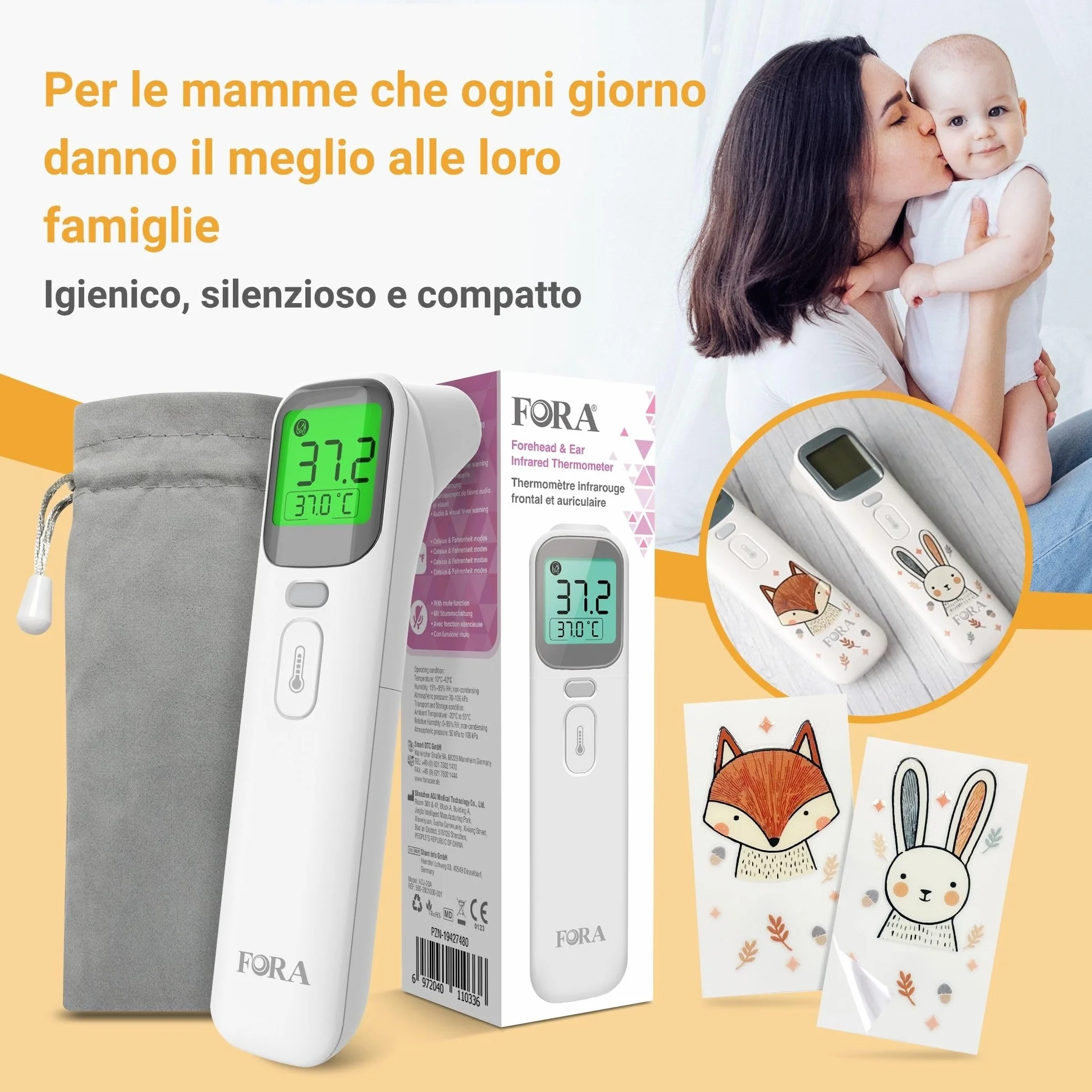 FORA Thermomètre Auriculaire et Frontal Digital avec Indicateur de Fièvre, Mode Silencieux, Mémoire, Affichage 4 Couleurs
