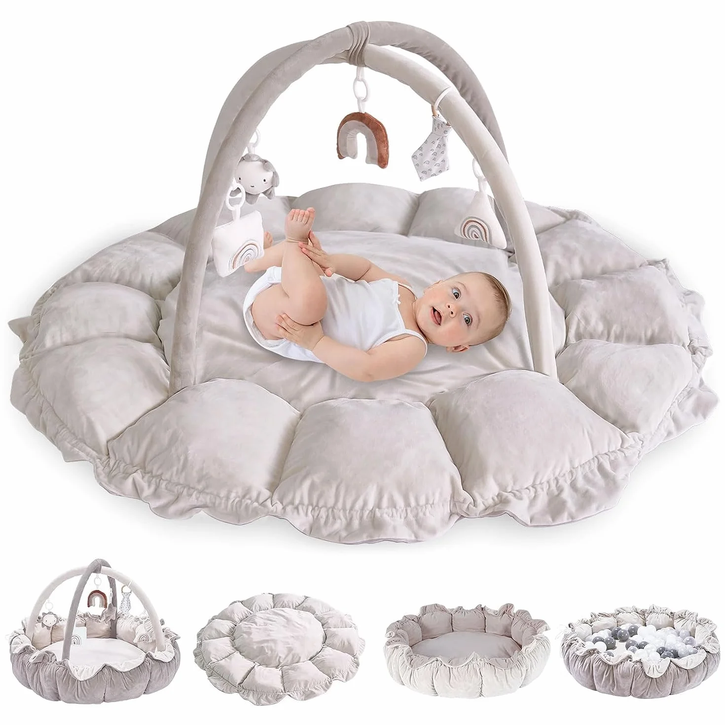 Tapis d'Éveil Bébé Doux Gym Centre Arche de Jeu avec Jouets Peluches Amovibles Gris