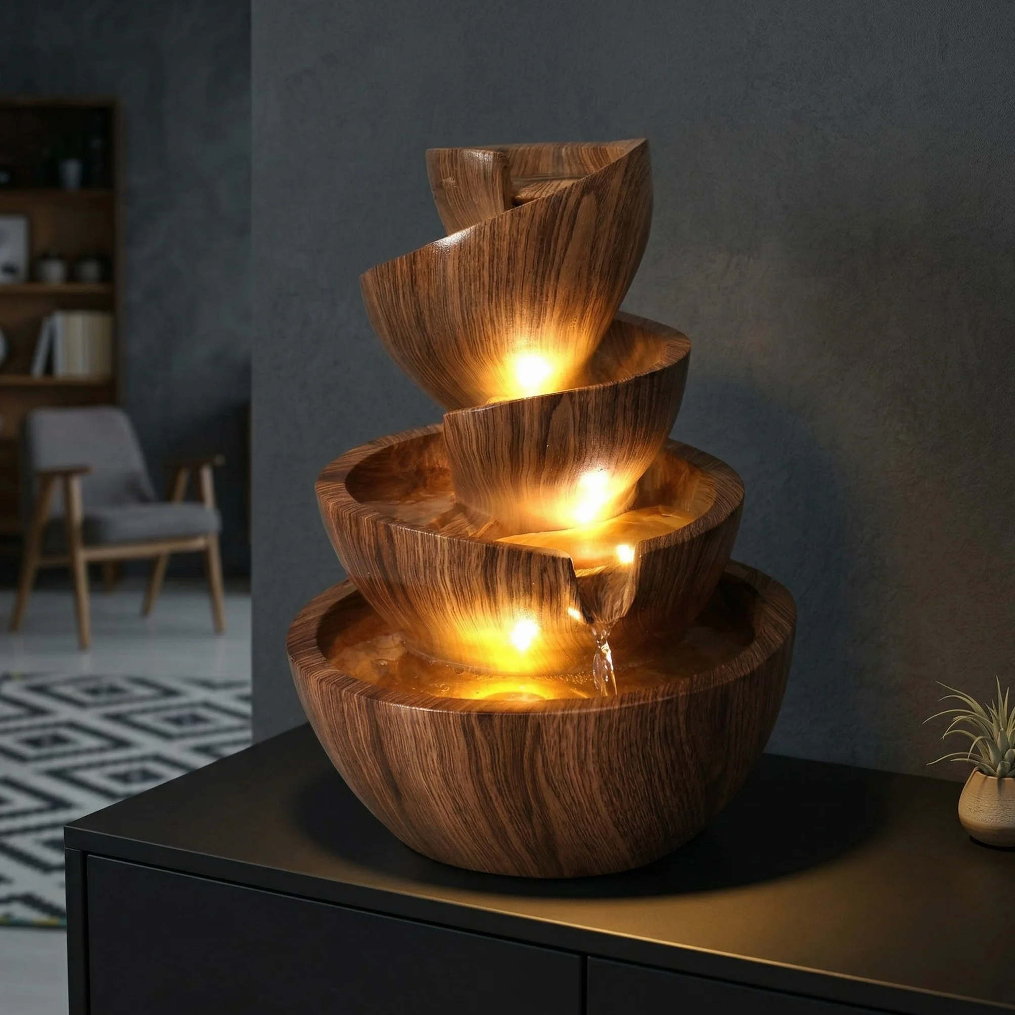 Fontaine d'intérieur à LED en polyrésine 39 cm blanc chaud décorative salon jardin
