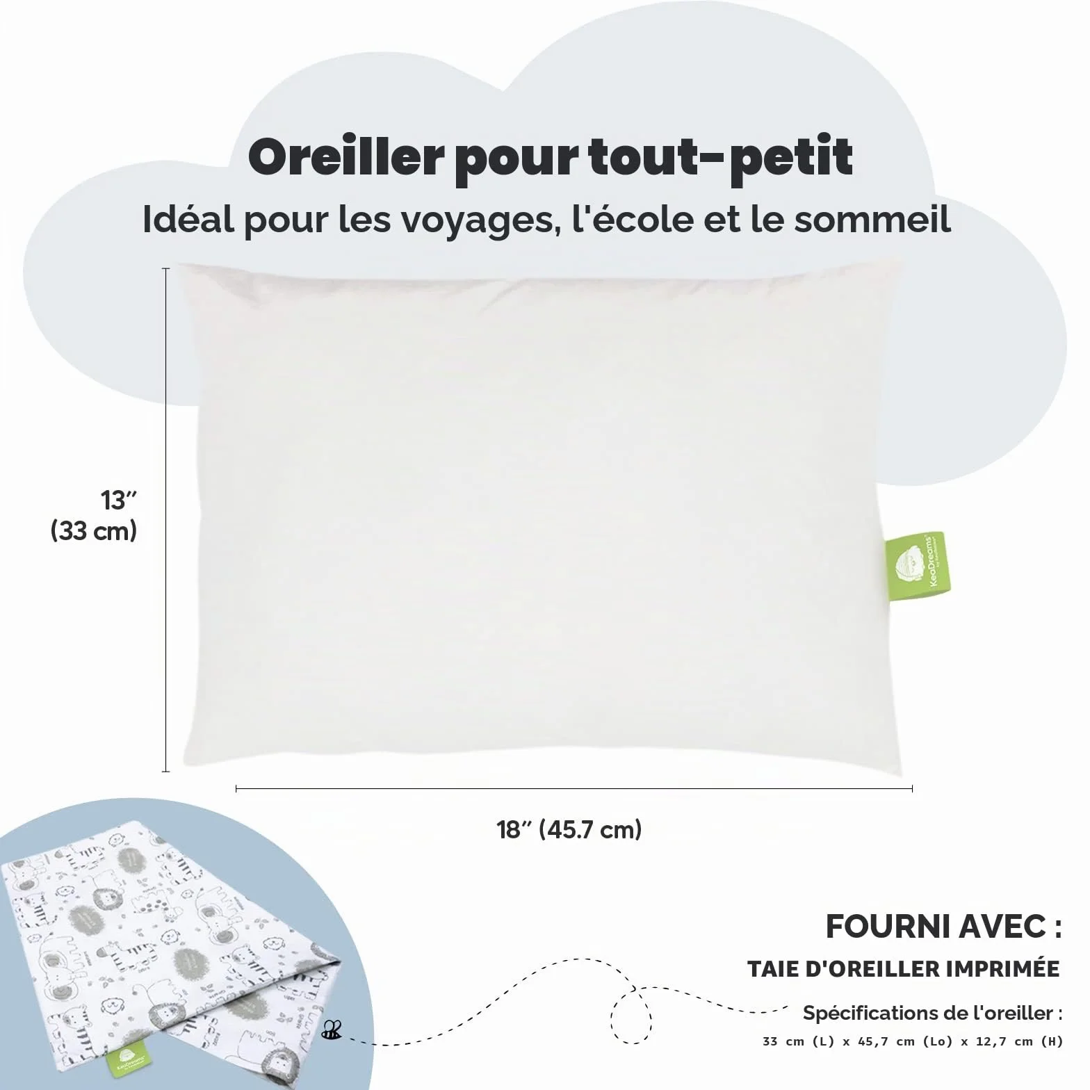Oreiller pour Tout-Petit en Coton Biologique Doux Lavable en Machine - Taie d'oreiller incluse
