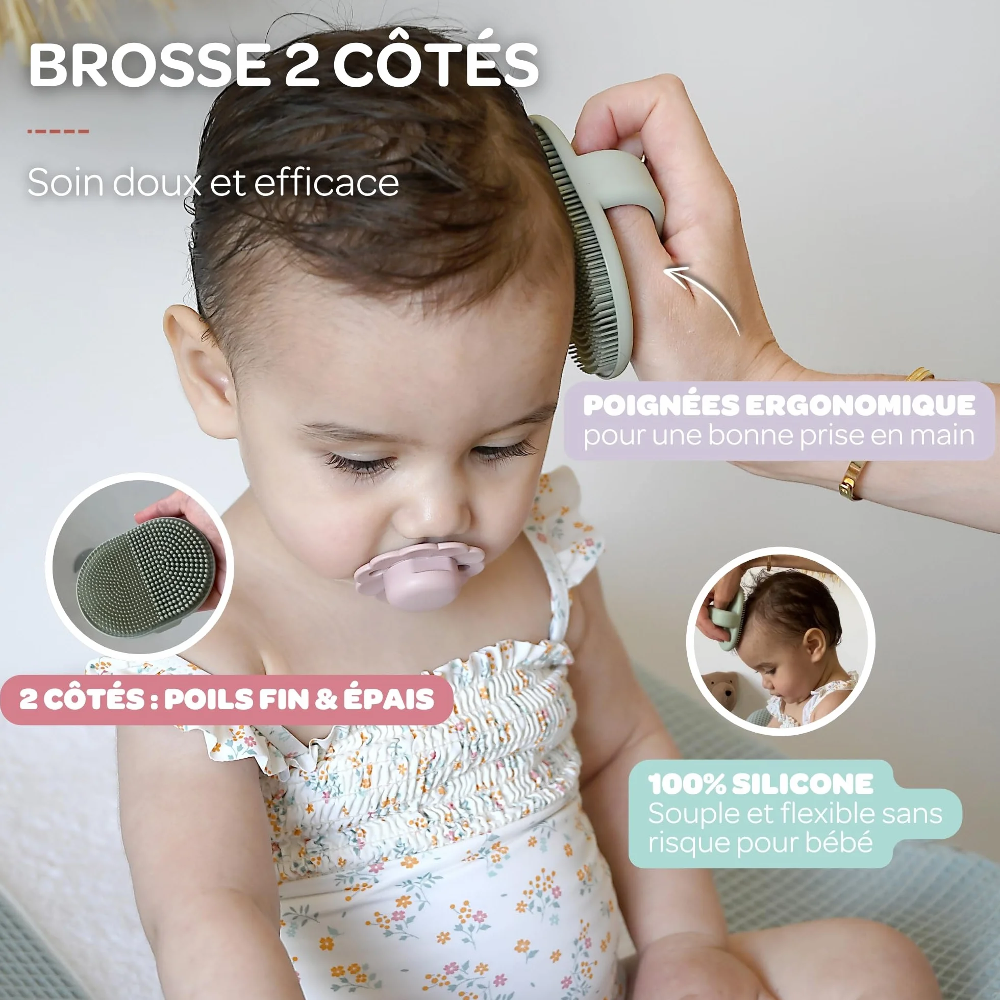 BÉABA Brosse de Bain Bébé Silicone 2 Côtés Poils Fin Masser Poils Épais Croûtes de Lait Doux Vert de Gris