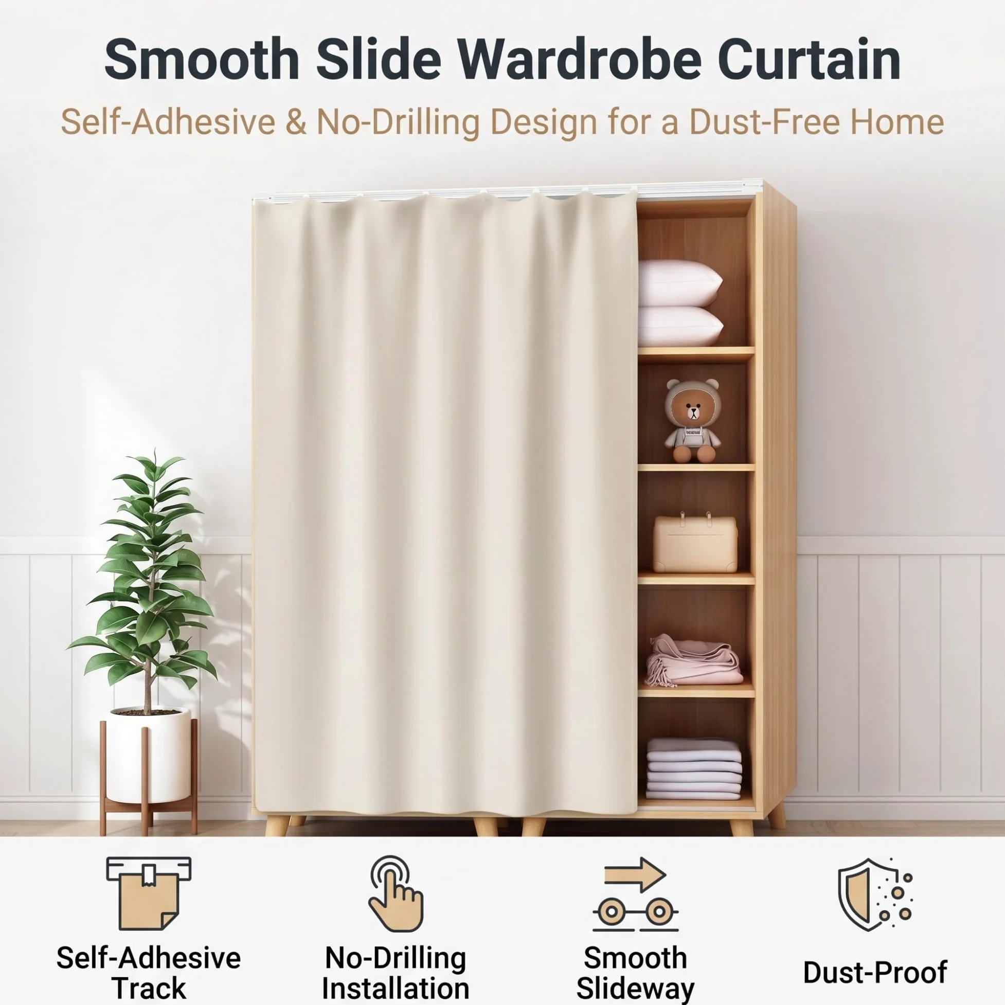 Rideau Placard sans Perçage, Auto-adhésif/Anti-Poussière Rideau Cuisine&sous Evier, Peluche Courte Rideau Occultant Court, Rails Coulissants Cuisine/Salle Bain/Dressing(Gray-a,200 x 150 cm)