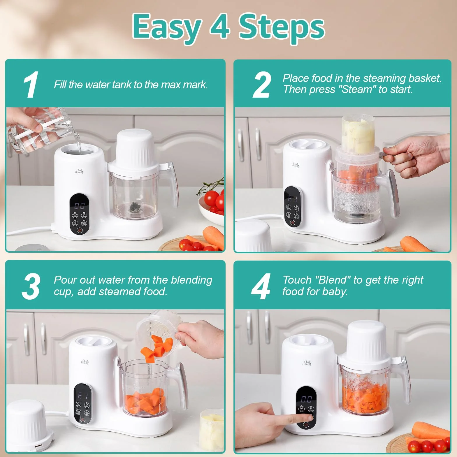 Chefhandy Robot Cuiseur Bébé 5 en 1 – Mixeur Cuiseur Vapeur Double, Chauffe-Biberon, Écran Tactile Blanc