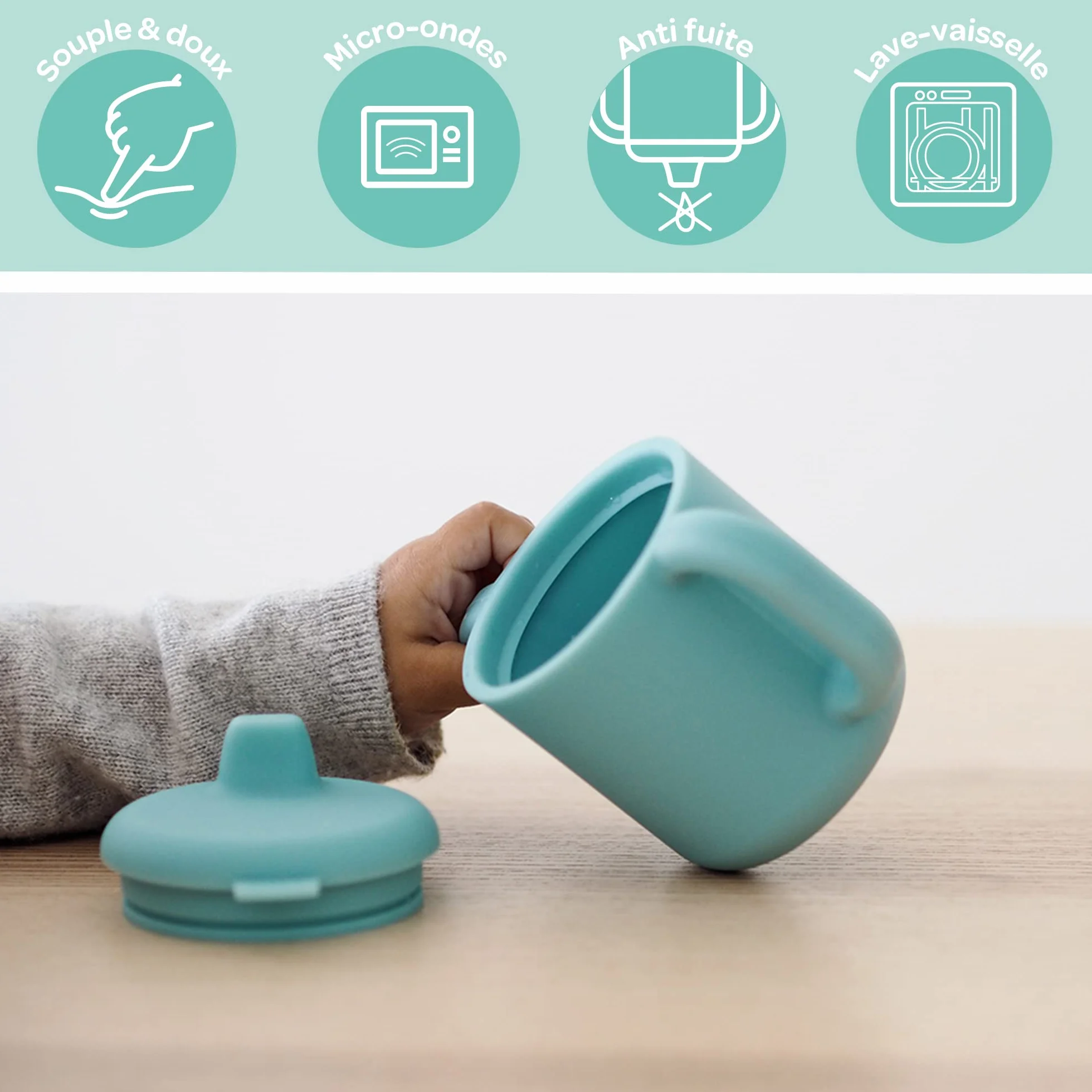 Béaba Tasse d'Apprentissage Bébé, Silicone, Bec Souple, Bleu