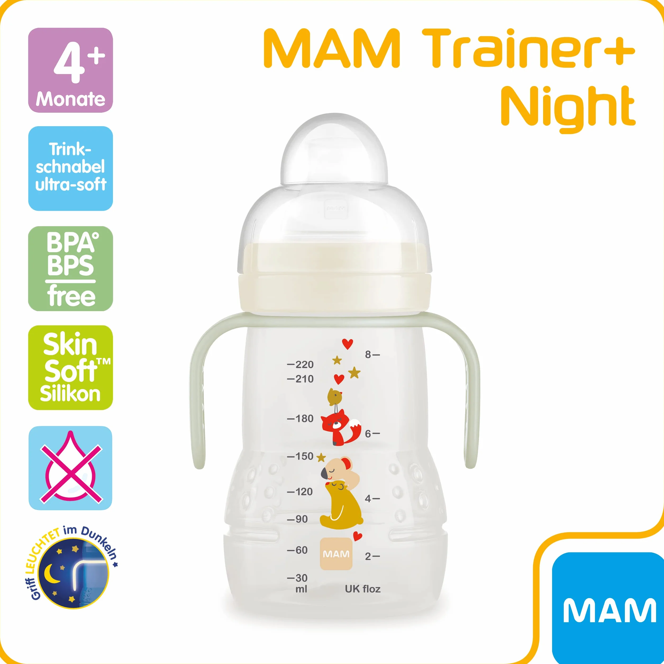 MAM Trainer+ Gourde d'apprentissage de nuit 220 ml avec poignée lumineuse anti-goutte, 4 mois+, koala