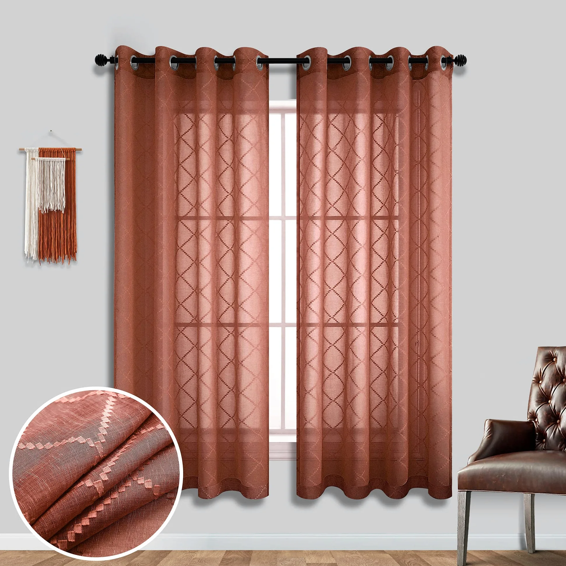 Lot de 2 Rideaux Transparents de 160 cm à œillets texturés en Lin Semi-intimité filtrant la lumière pour Chambre à Coucher, Salon, Orange brûlé, Rouille, Terre Cuite
