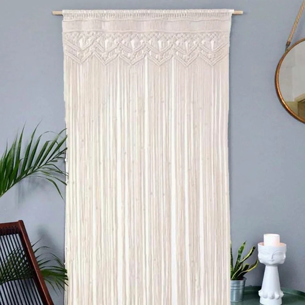 Rideau de porte bohème macramé en corde de coton à suspendre au mur Beige pour fenêtre Arche Toile de fond (150 x 180 cm)