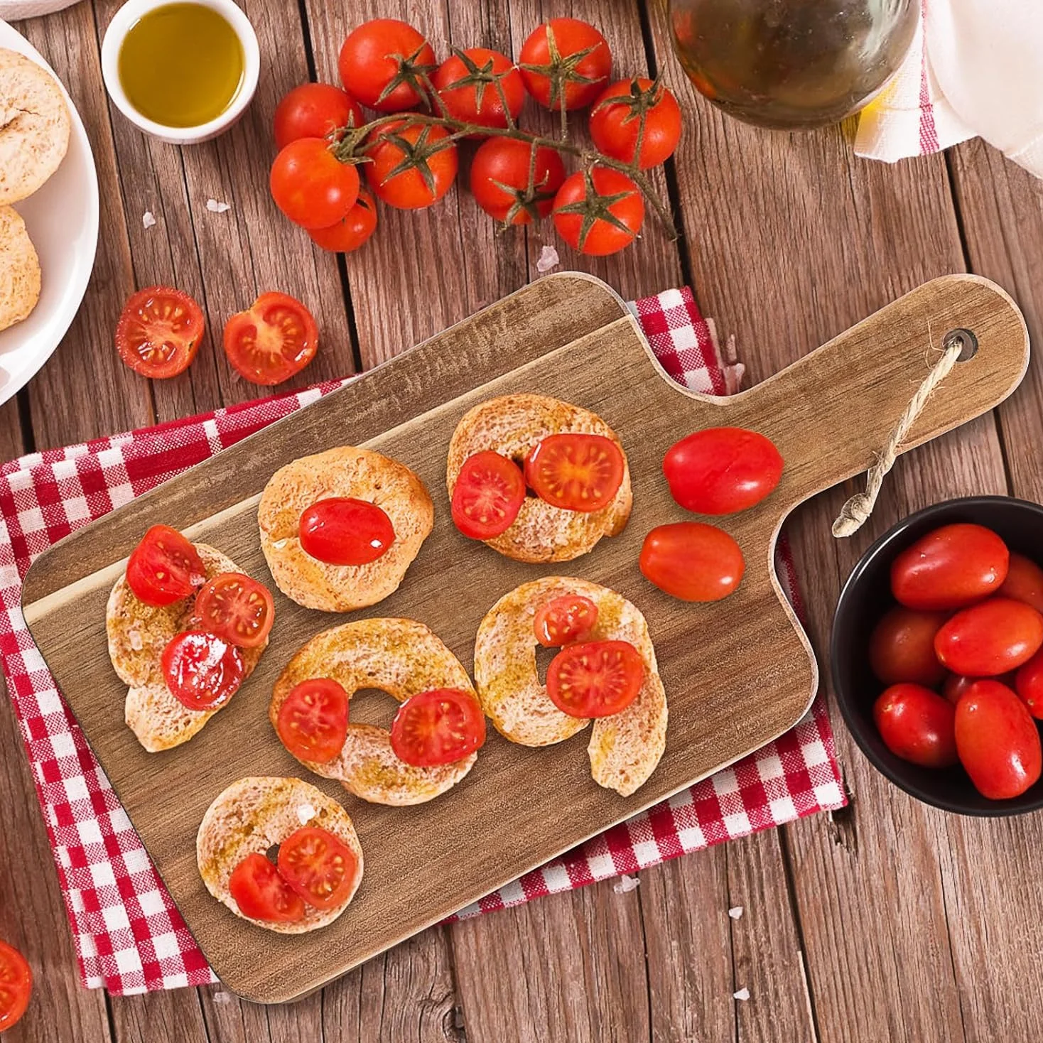 Lot de 10 planches à découper en bois d'acacia avec poignée, planche à charcuterie, planche de service pour viande, fruits, pain, fromage, planche à découper – 30 x 15 cm