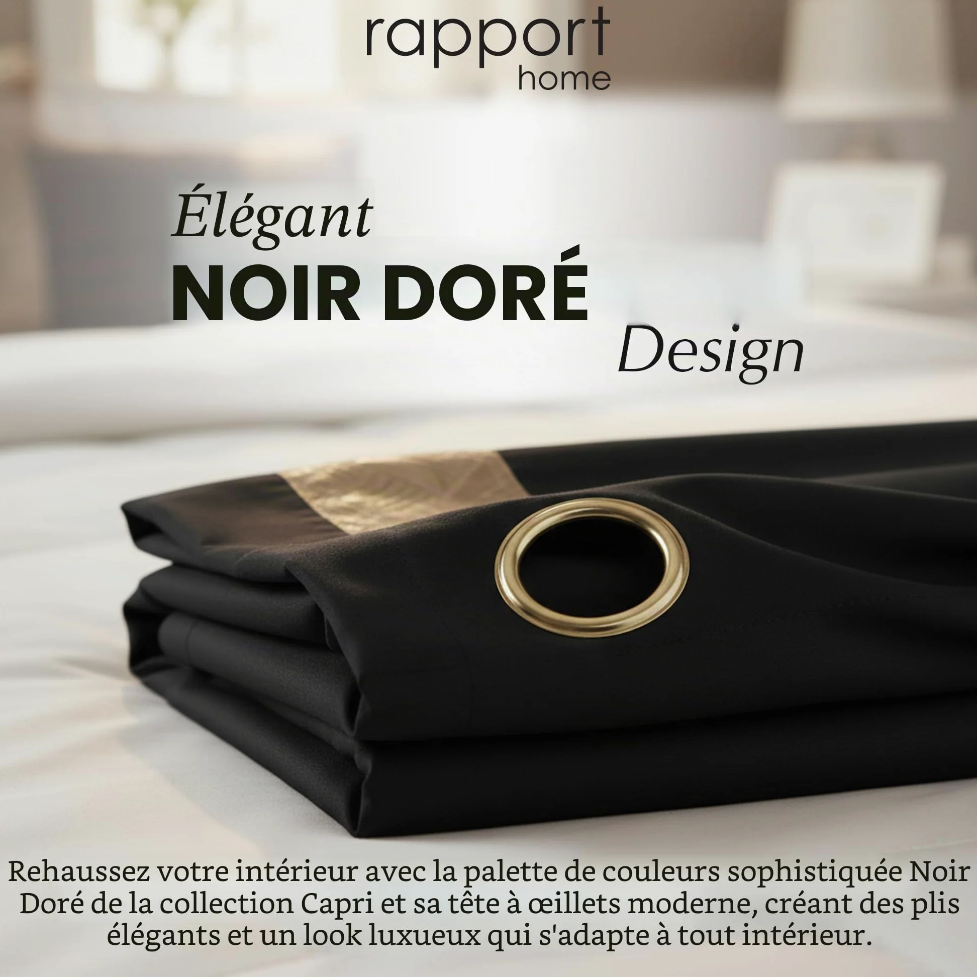 Rapport Capri Paire de Rideaux à œillets en Velours Noir/doré 168 x 183 cm