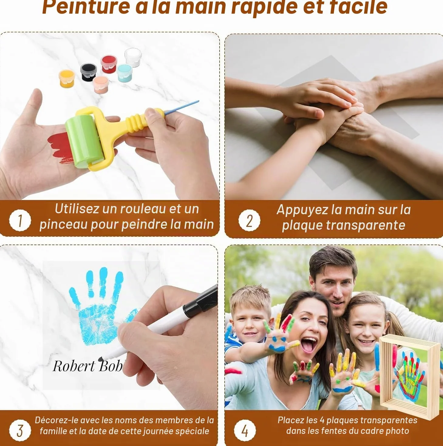 Kit d'Empreintes de Mains Familiales avec Cadre en Bois, 4 Empreintes, 6 Couleurs de Pigments, pour Bébé