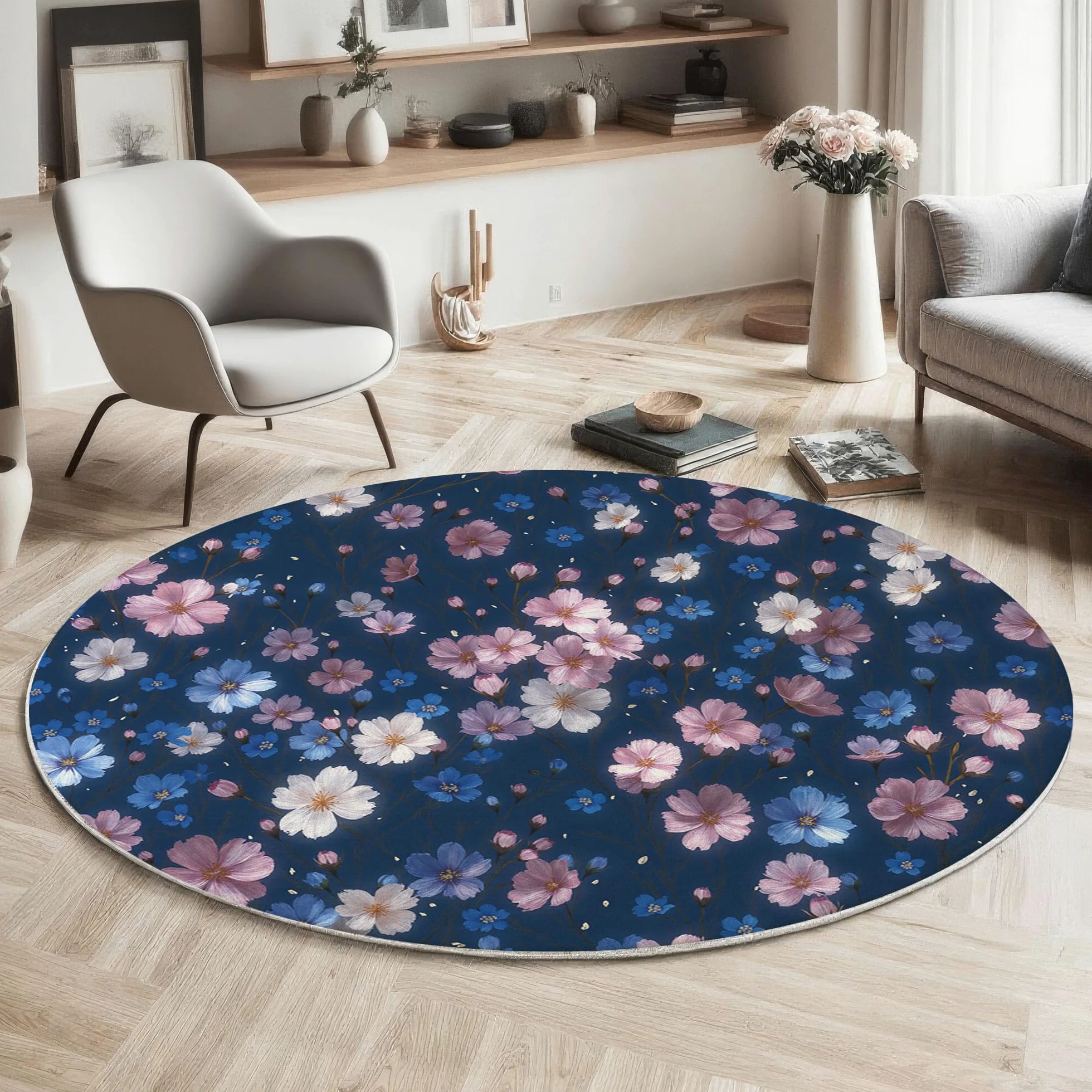 Tapis Rond Fleurs Printanières Romantiques Ciel Étoilé Végétal - Moquette Lavable Poils Courts Doux Antidérapant Pour Chambre À Coucher Salon Vestibule Entrée Chambre D'Enfant, Bleu Marine 100 Cm
