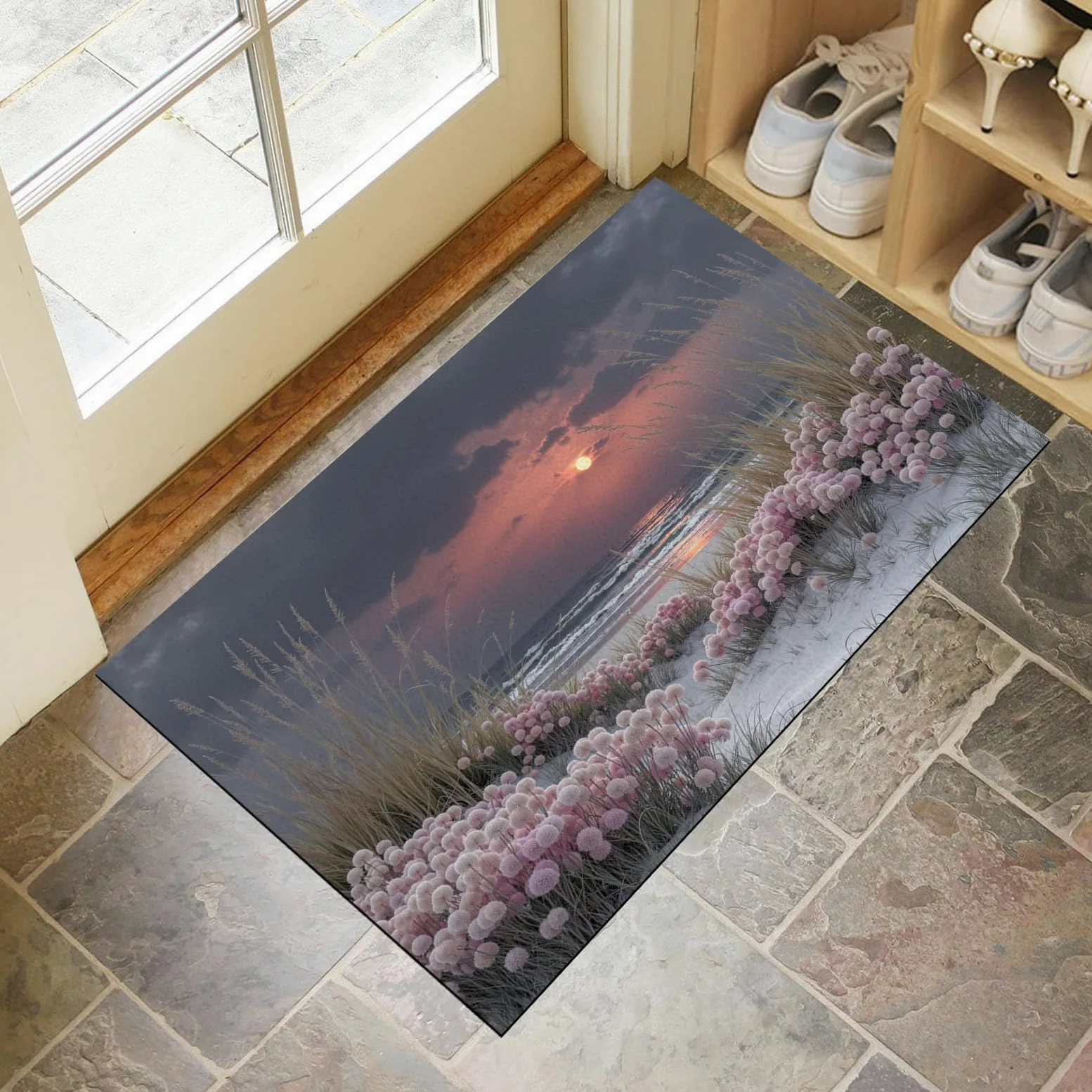 Tapis Sunset Beach 90X150Cm en Fausse Laine Rose Gris pour Salle De Bain Cuisine, Petit Paillasson D'Entrée D'Intérieur, Paysage Végétal, Tapis De Sol Antidérapant Lavable