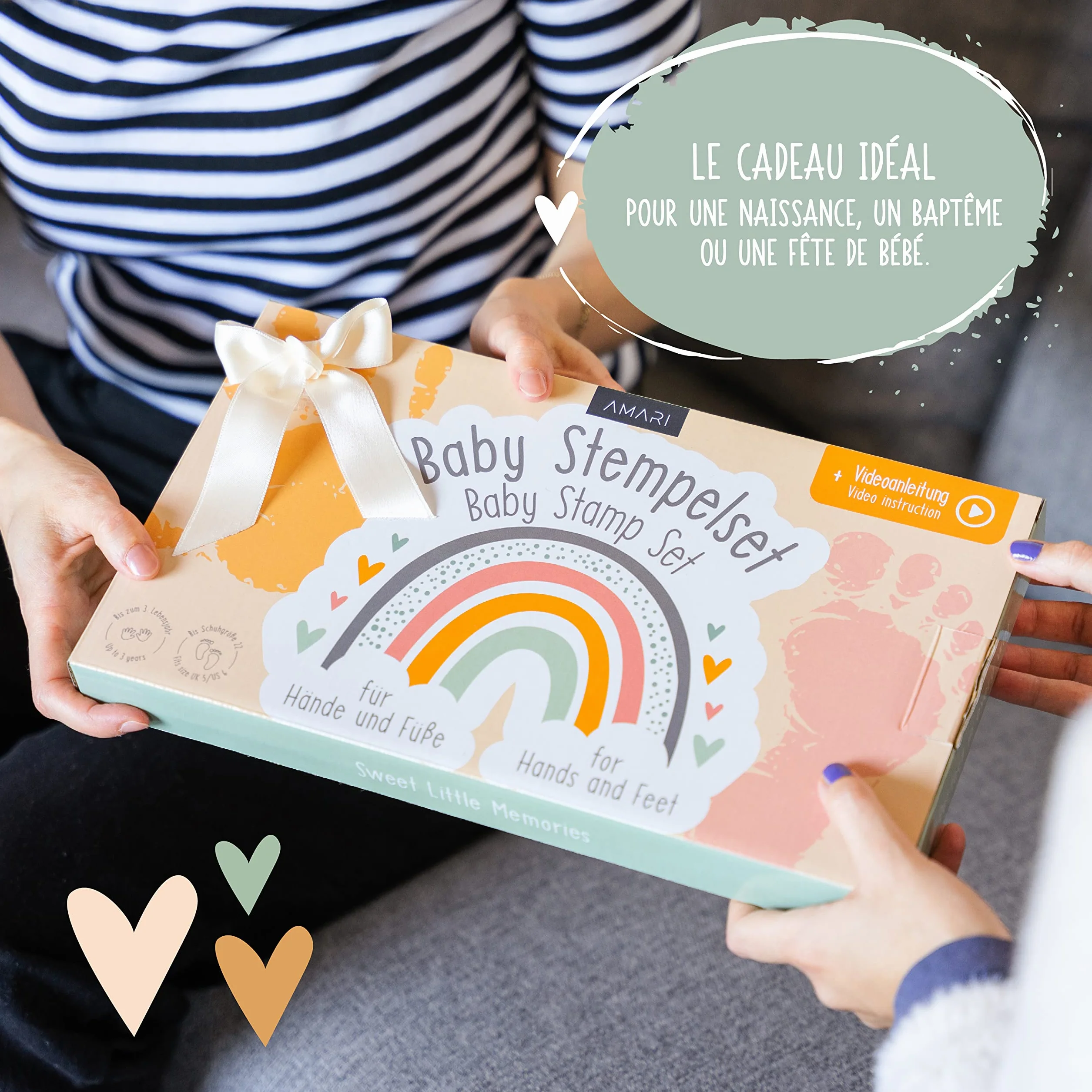 AMARI Set d'empreintes de main et de pied de bébé avec 2 tampons encreurs et 4 cartes d'impression - Kit cadeau bébé