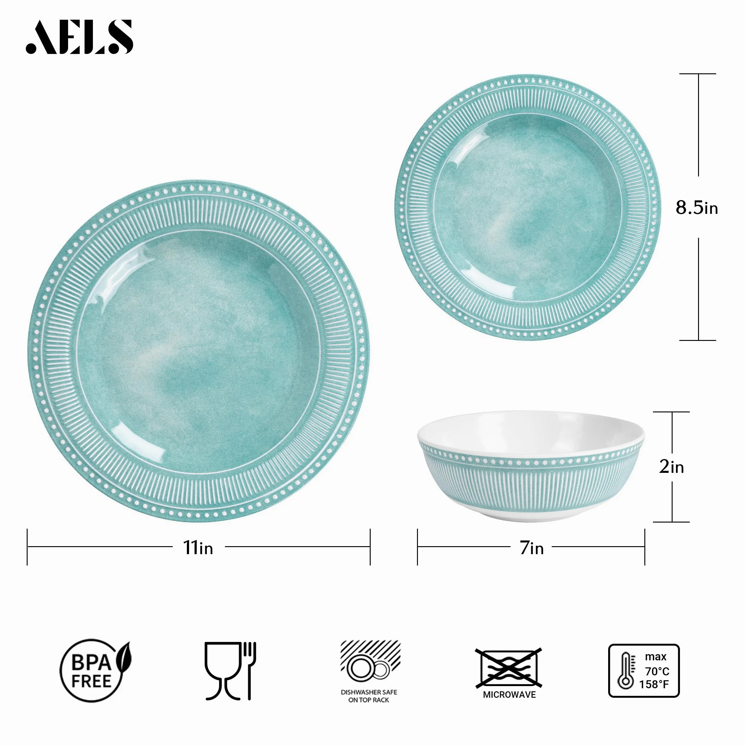 AELS Lot de 12 assiettes et bols en mélamine pour 4 personnes, lavables au lave-vaisselle, légers, incassables, sans BPA, vert