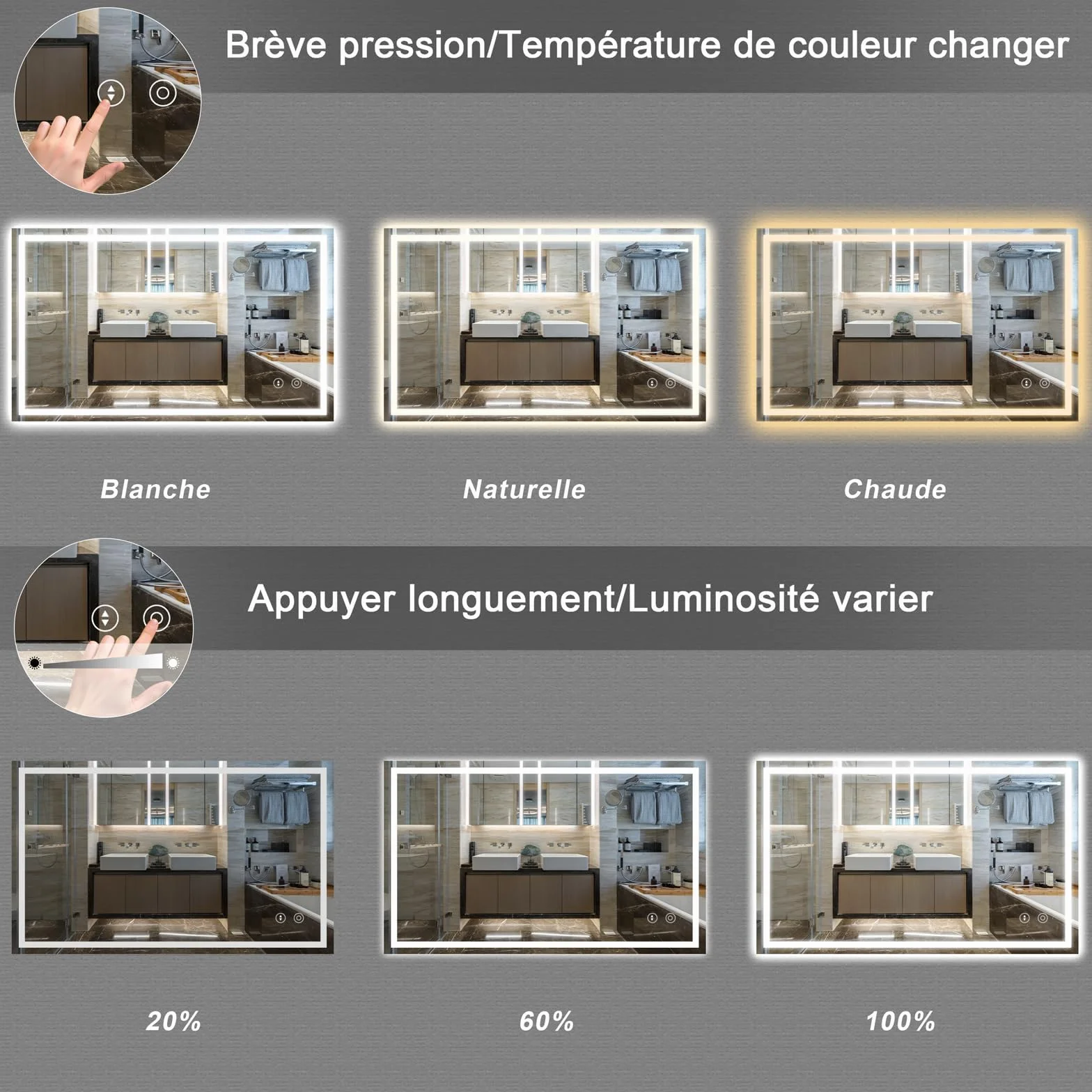 Dripex Miroir de Salle de Bain LED 60x80cm 30W Anti-buée 3 Couleurs Dimmable IP44