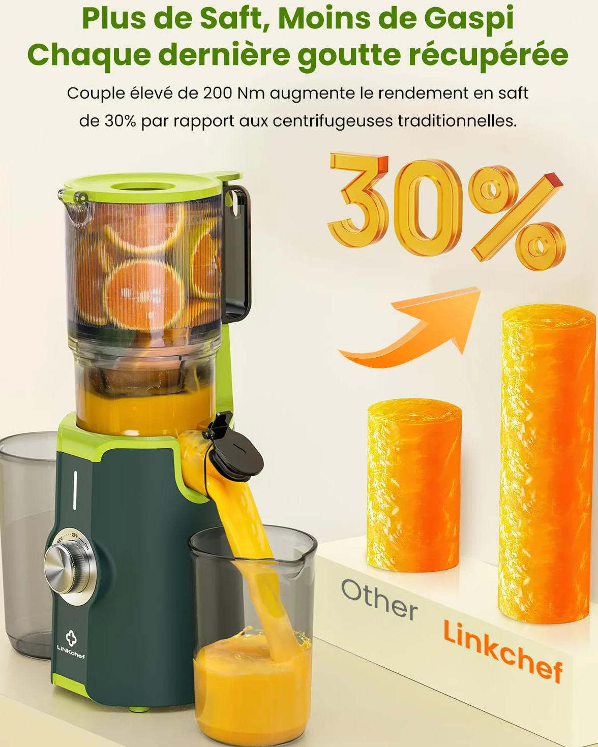 LINKChef Extracteur de Jus Vertical Slow Juicer 200W Goulot Large 115 mm Fruits Légumes Entiers Sans BPA Vert