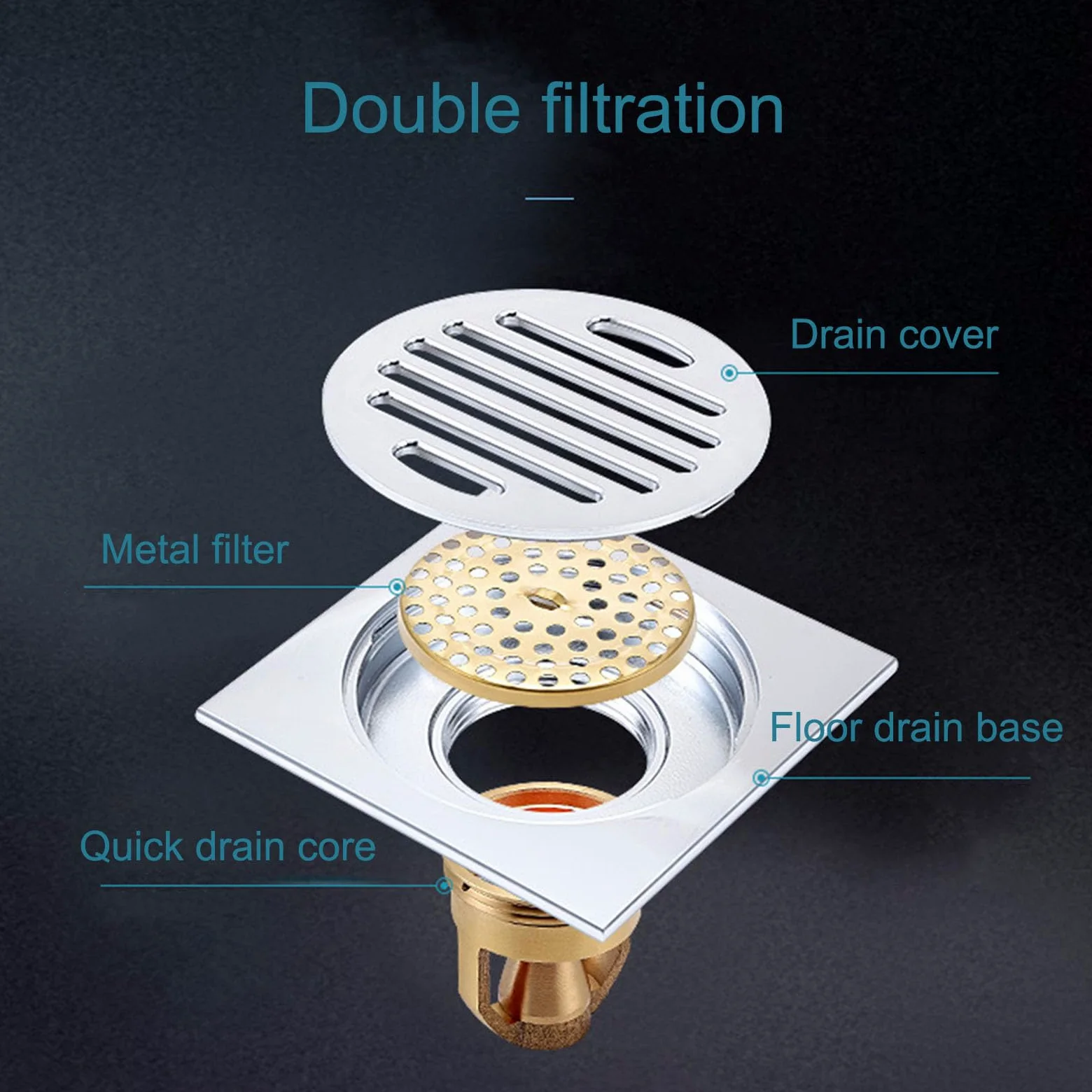 Siphon De Sol Carré 3,93 inch, Siphon Douche Droit Anti-odeurs en Laiton avec Grille Amovible Et Filtre À Cheveux pour Machine À Laver, Salle De Bain, Douche,3.93 in x 3.93 in,M