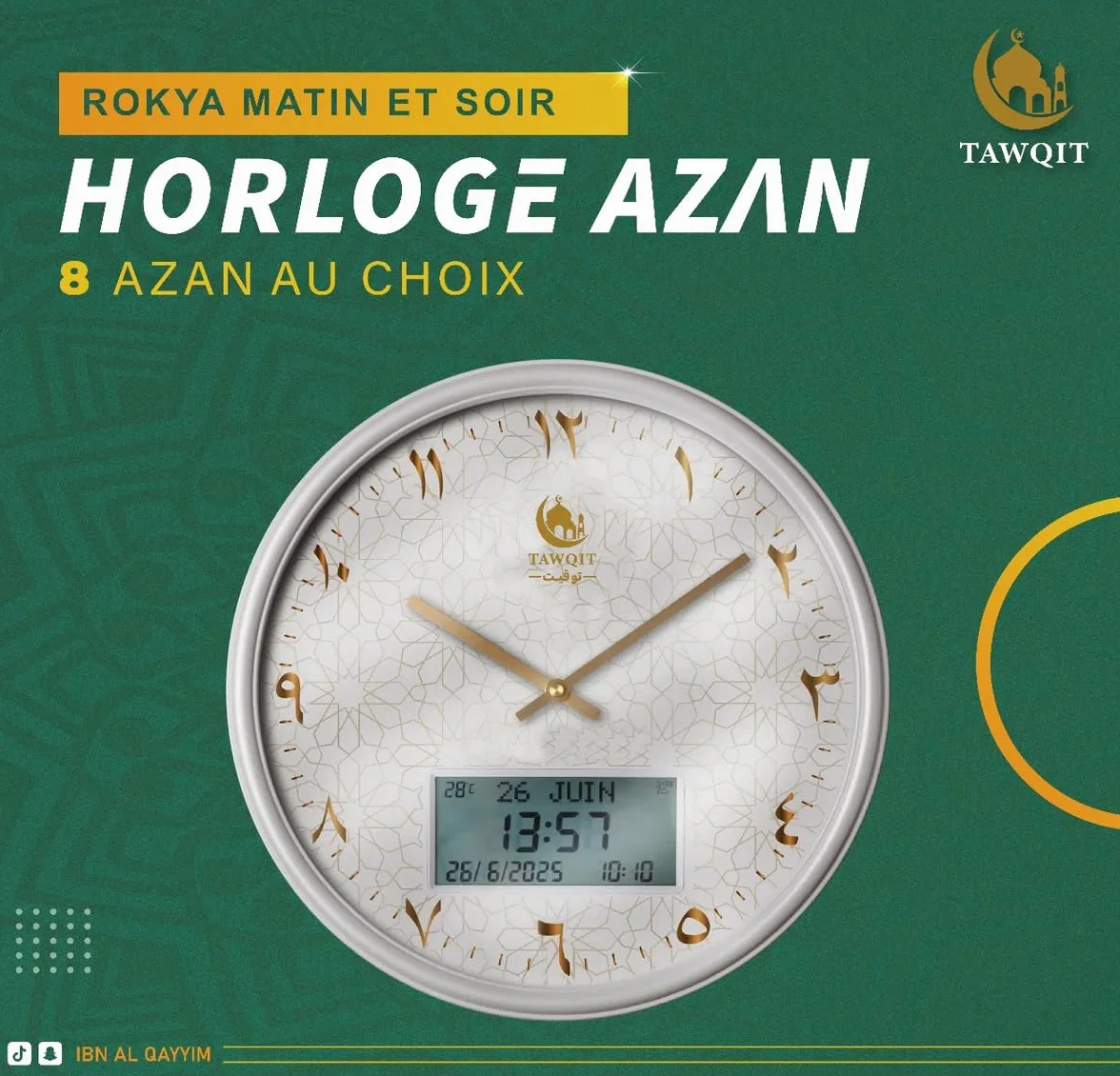 TAWQIT Horloge Azan Appel à la Prière Affichage Digital Support Bois