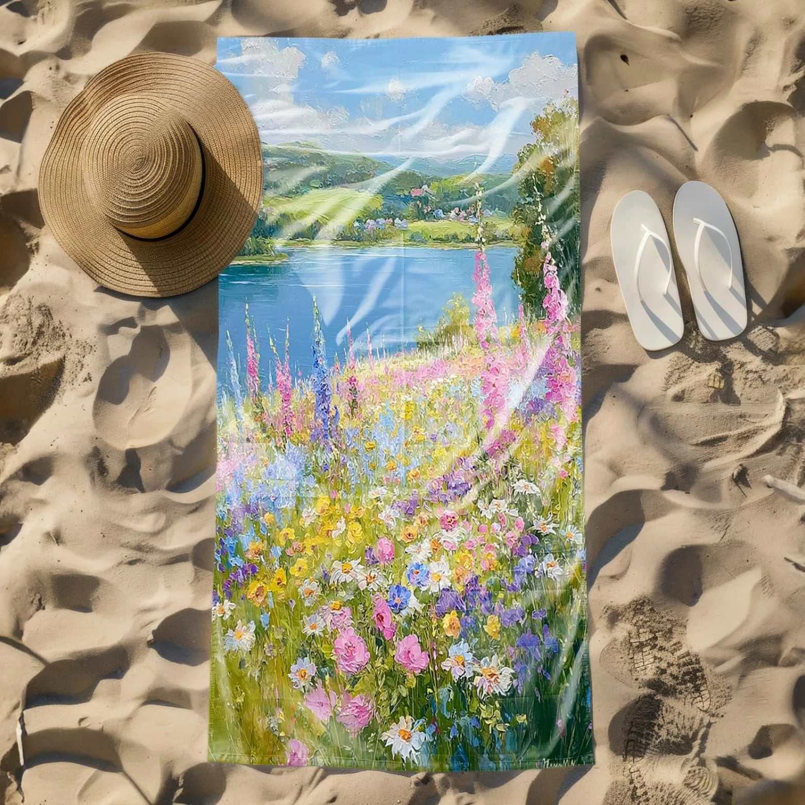 Tapis de Plage XXL Anti Sable Fleur De La Rivière Bleue Serviette Piscine Adulte,Natte De Plage Pliable, Voyage Accessoires De Plage Camping,Serviette de Bain Personnalisée