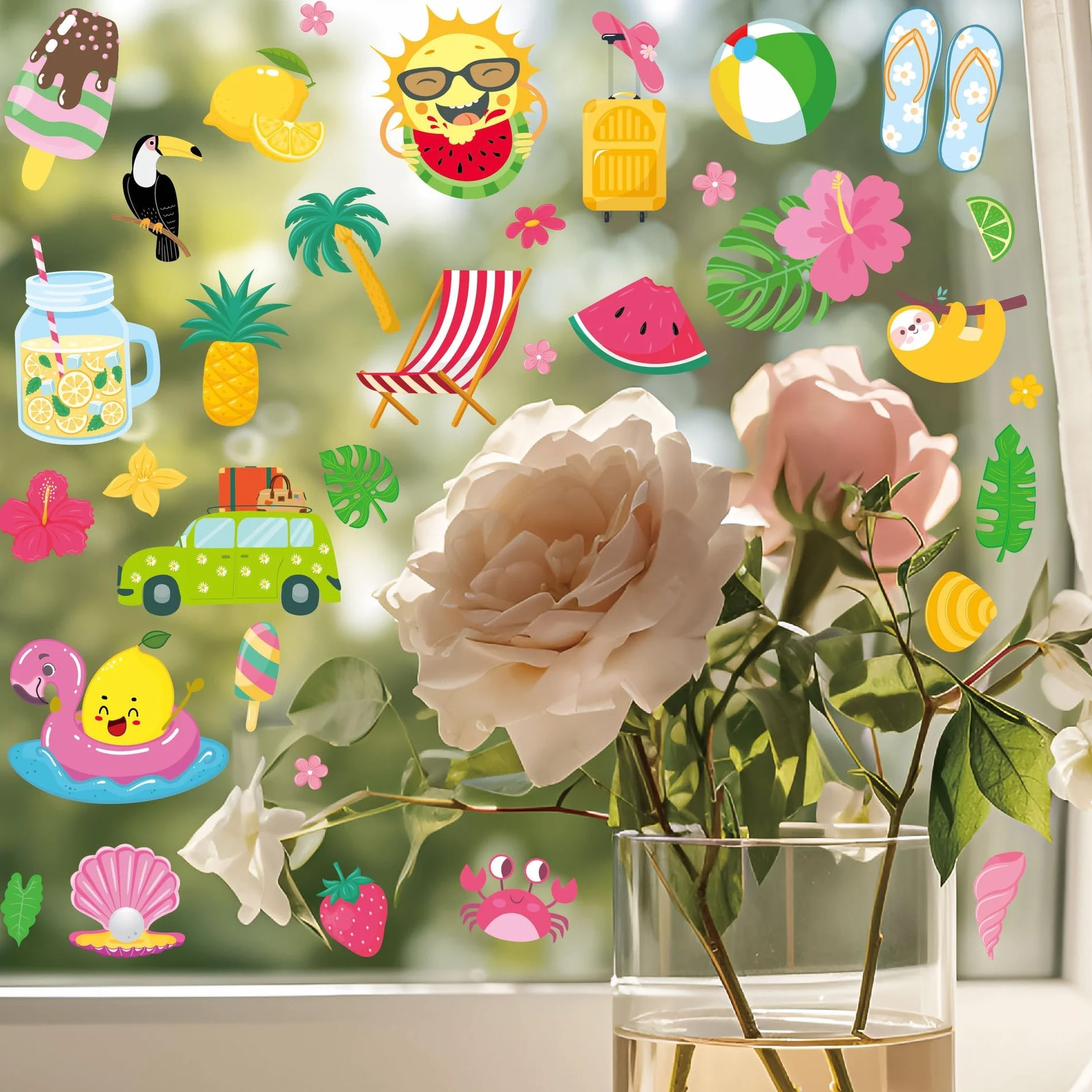 Deco Stickers Fenêtre Été Réutilisables Autocollants 63 Design Soleil Chaises Plage Bouées