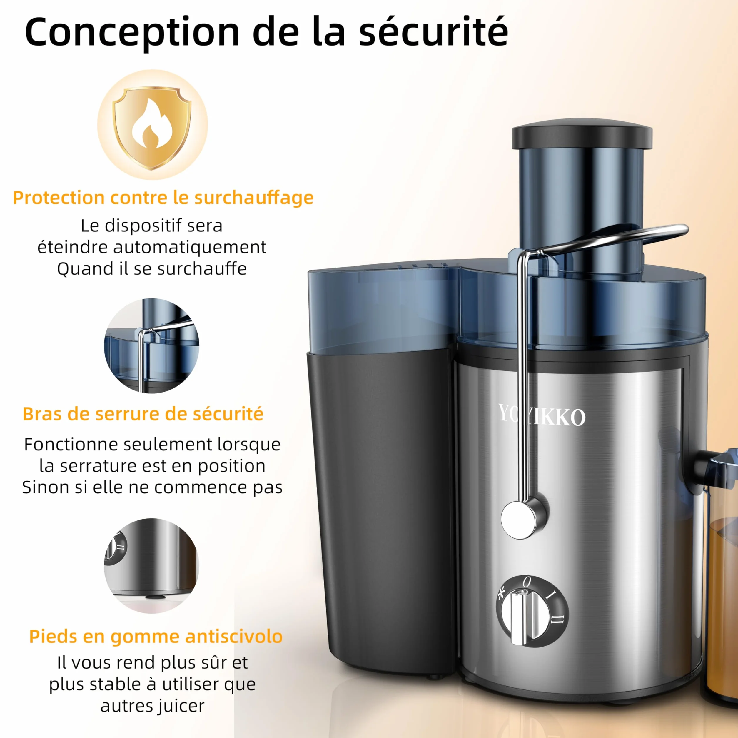 Centrifugeuse Extracteur de Jus 800W, 3 vitesses, bouche 75 mm, acier inoxydable sans BPA