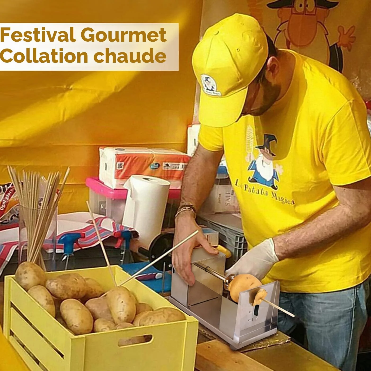 Coupe-Frites en Acier INOX avec Manivelle, Coupe-Pomme de Terre Spirale