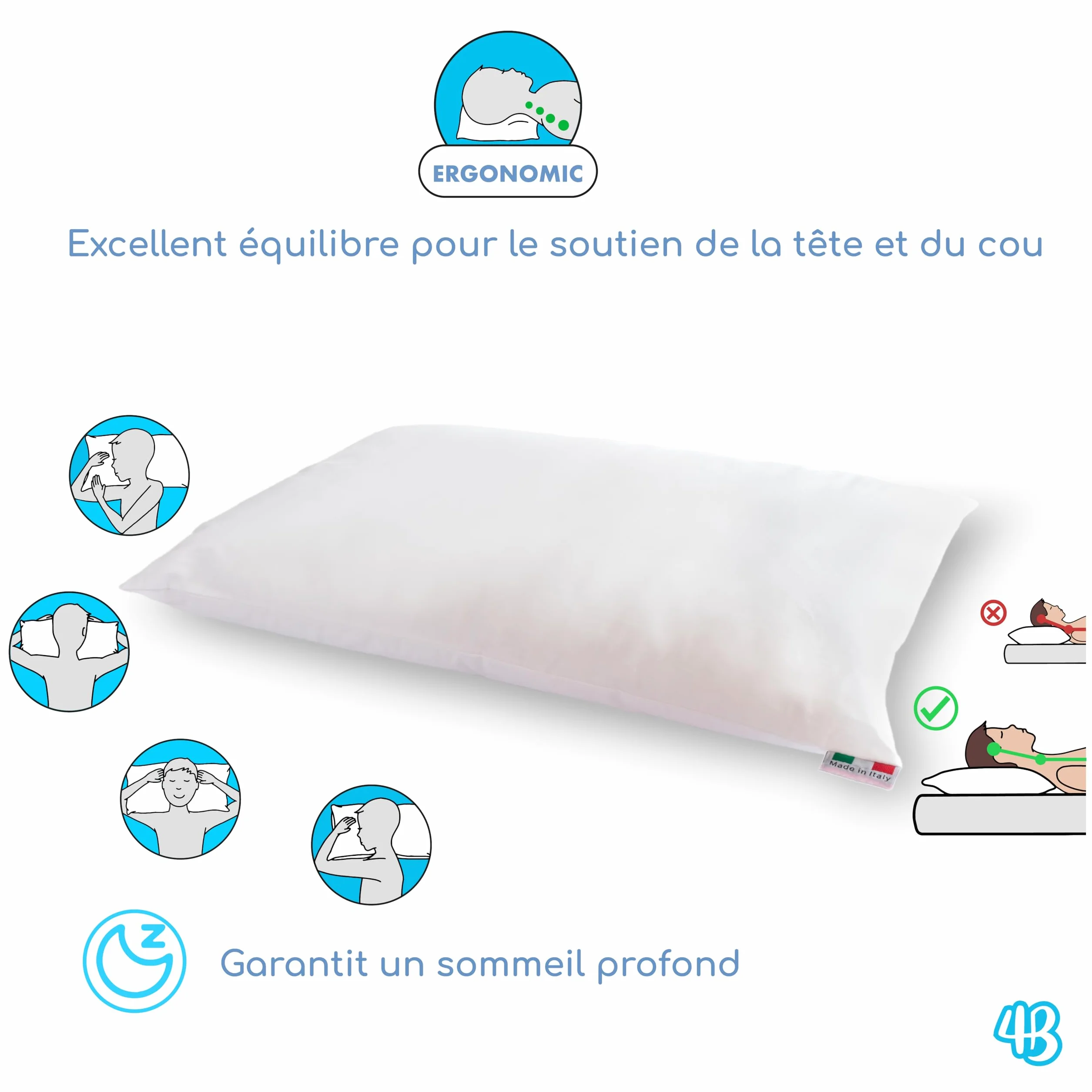 Oreiller Enfant 40x60 Coton 100% Italien Respirant Hypoallergénique Anti-acarien