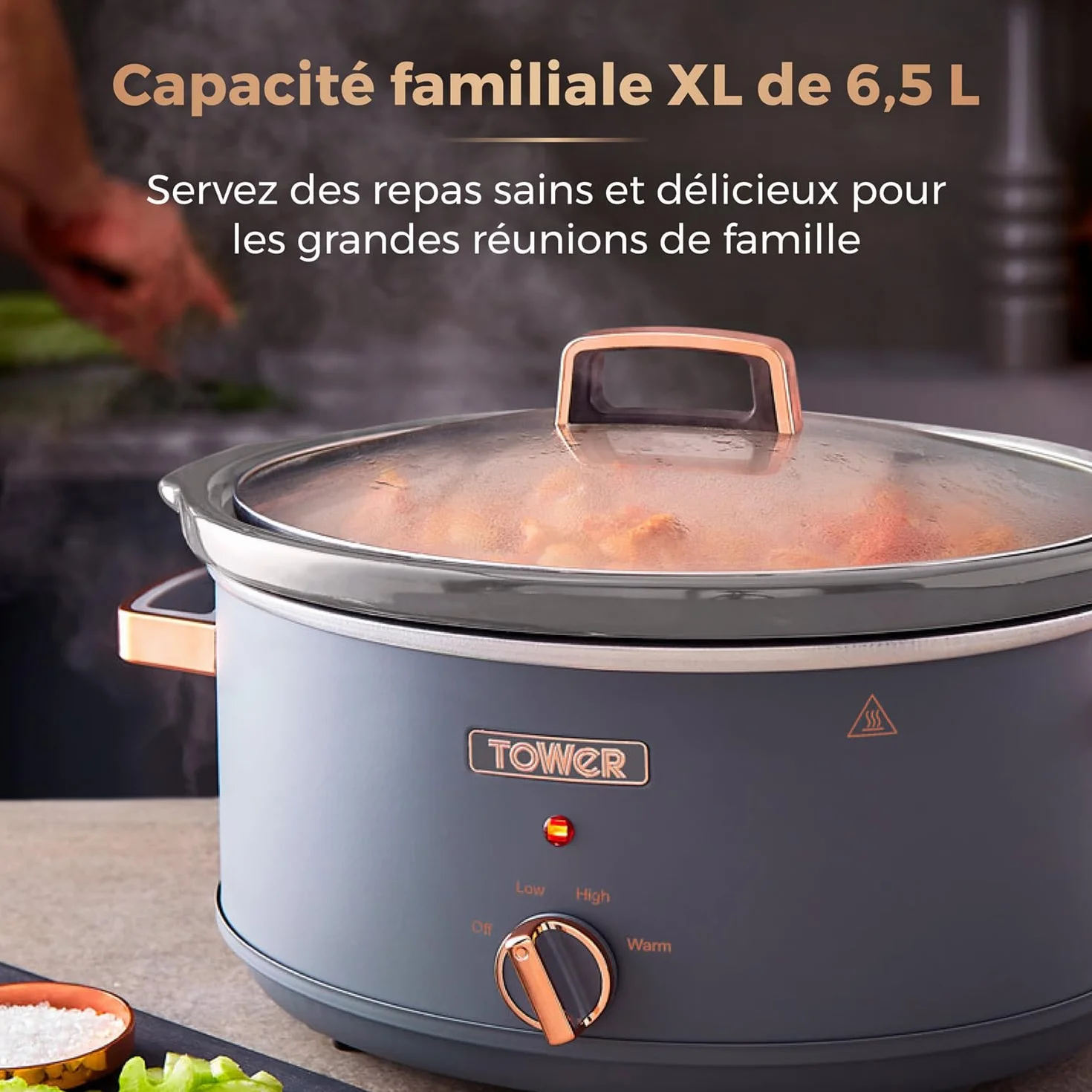 Tower Cavaletto Mijoteuse Électrique 6,5 L 3 Réglages de Chaleur Gris Or Rose