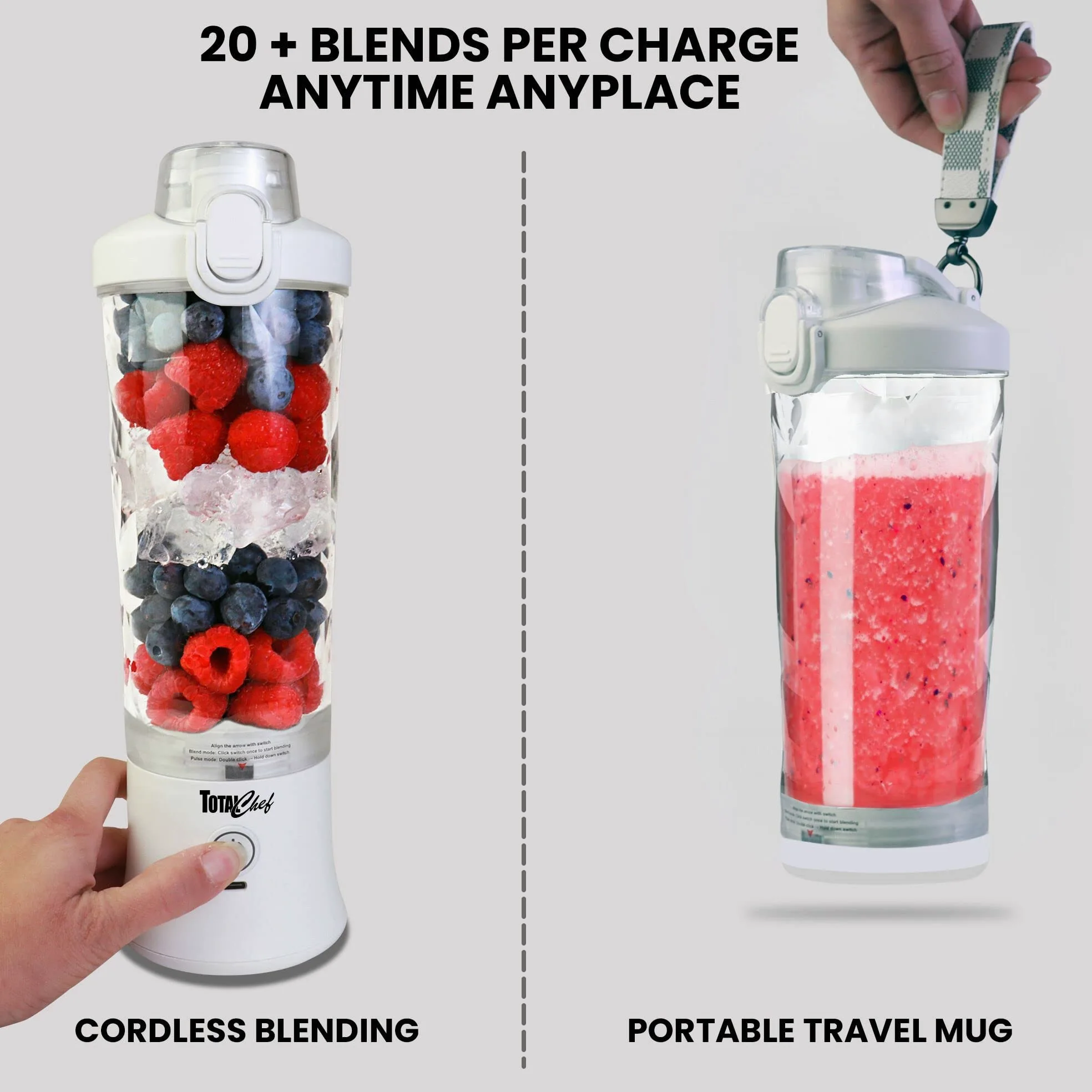 Total Chef Mini mixeur portable USB sans fil pour smoothie 600 ml Petit mélangeur pour boissons protéinées, aliments pour bébé, milkshakes, jus de fruits, slushie pour la maison, le bureau, les