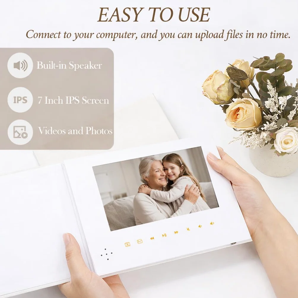 Cadre photo numérique 7 pouces IPS écran lin luxe, 4 Go mémoire, batterie rechargeable, vidéo HD