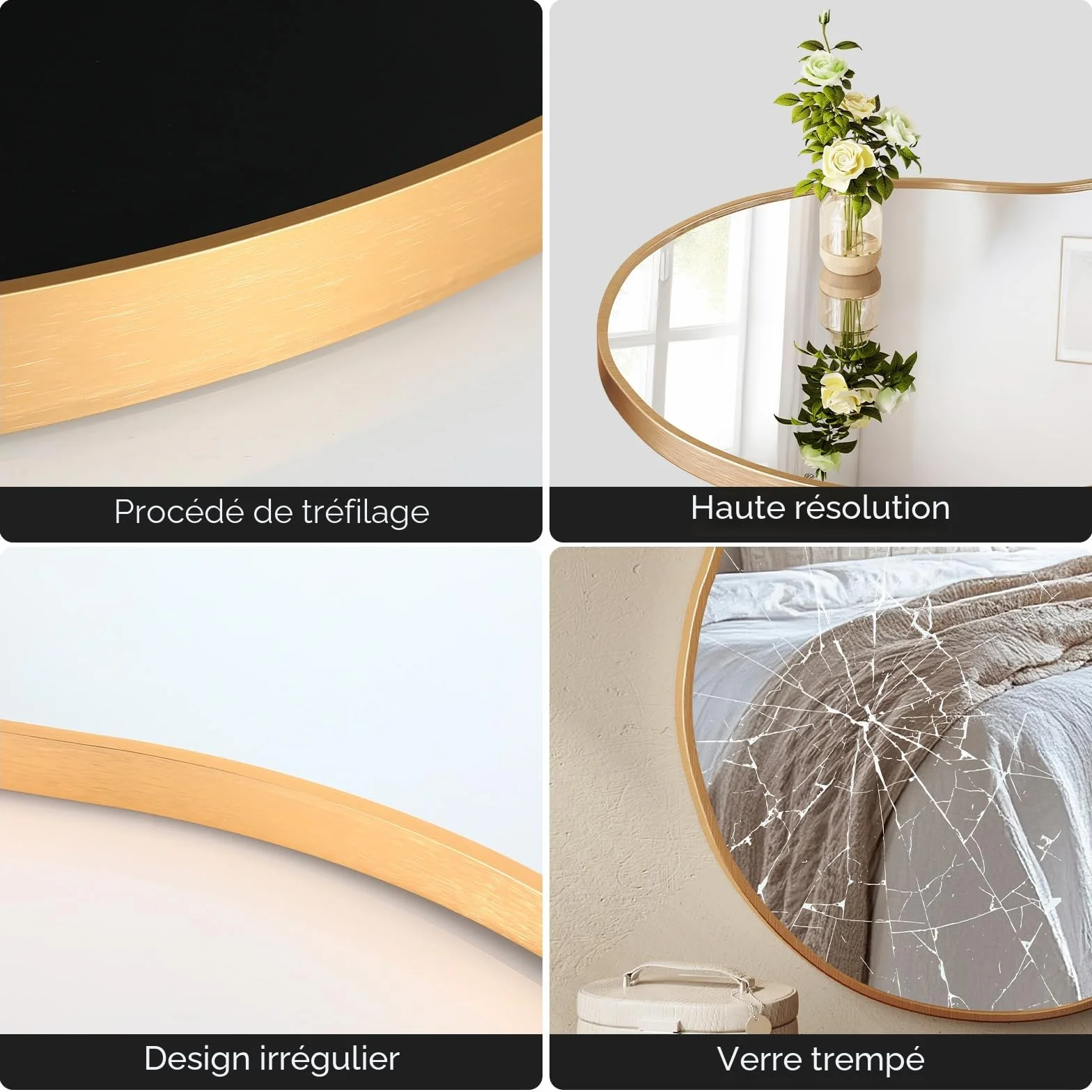 Miroir asymétrique 50x91 cm verre trempé cadre aluminium doré MAMIZO