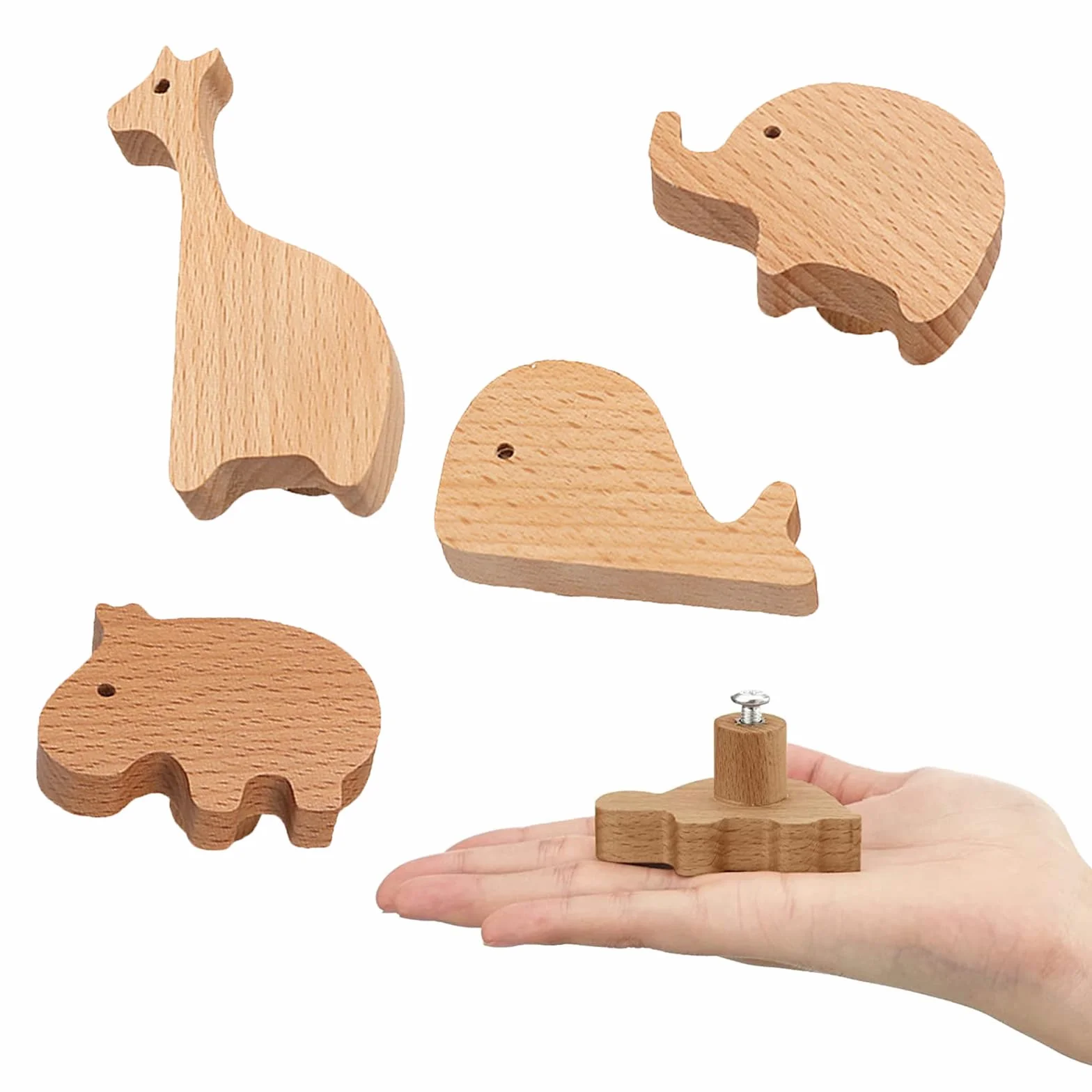Lot de 6 Boutons de Meubles Décoratifs en Bois avec Vis, Poignées de Commode, Animaux Marins