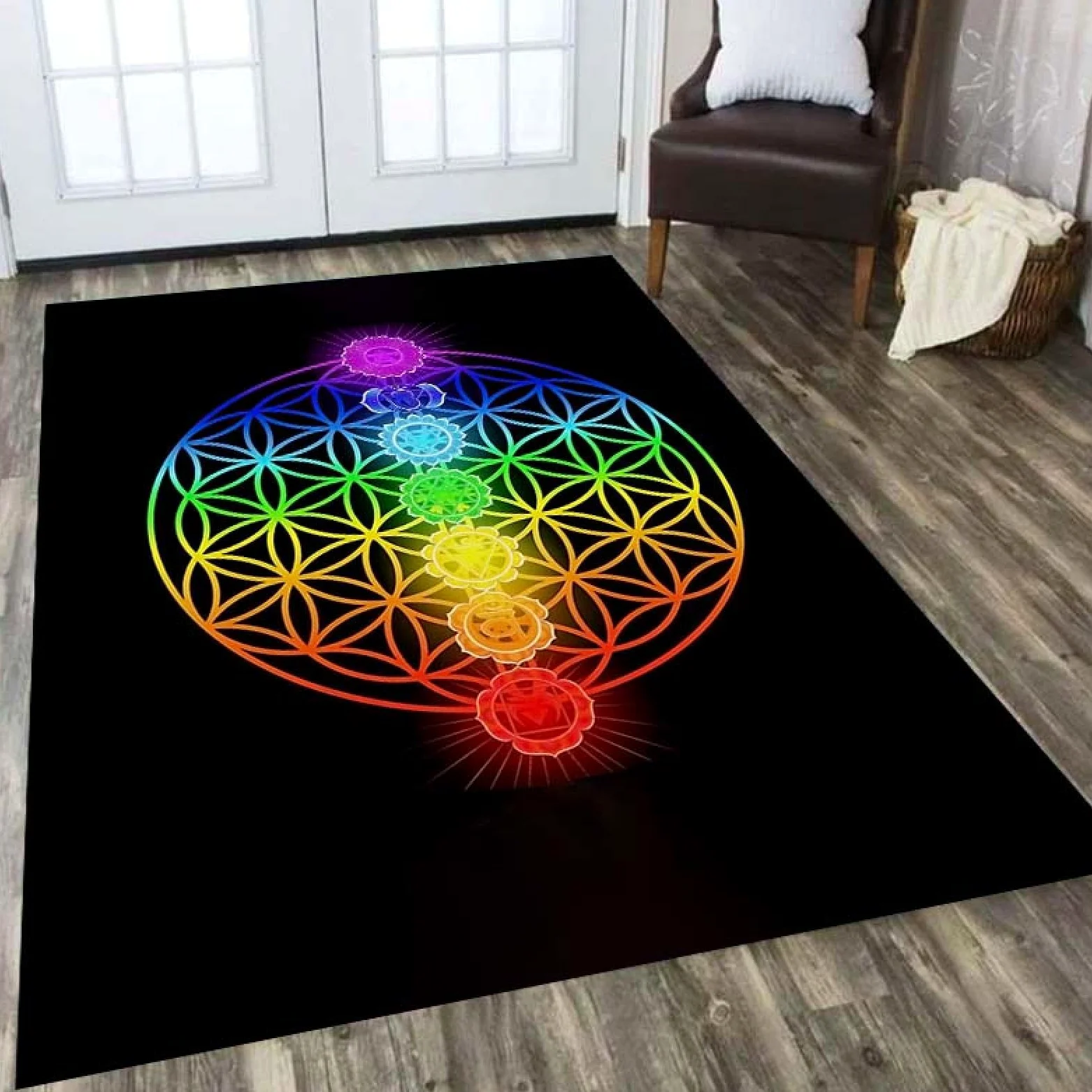 Tapis de méditation 3D Galaxie Ciel étoilé Fleur de Vie, Tapis de Porte Mandala Zen Yoga Spirituel extérieur Tapis de Sol d'entrée de Jardin