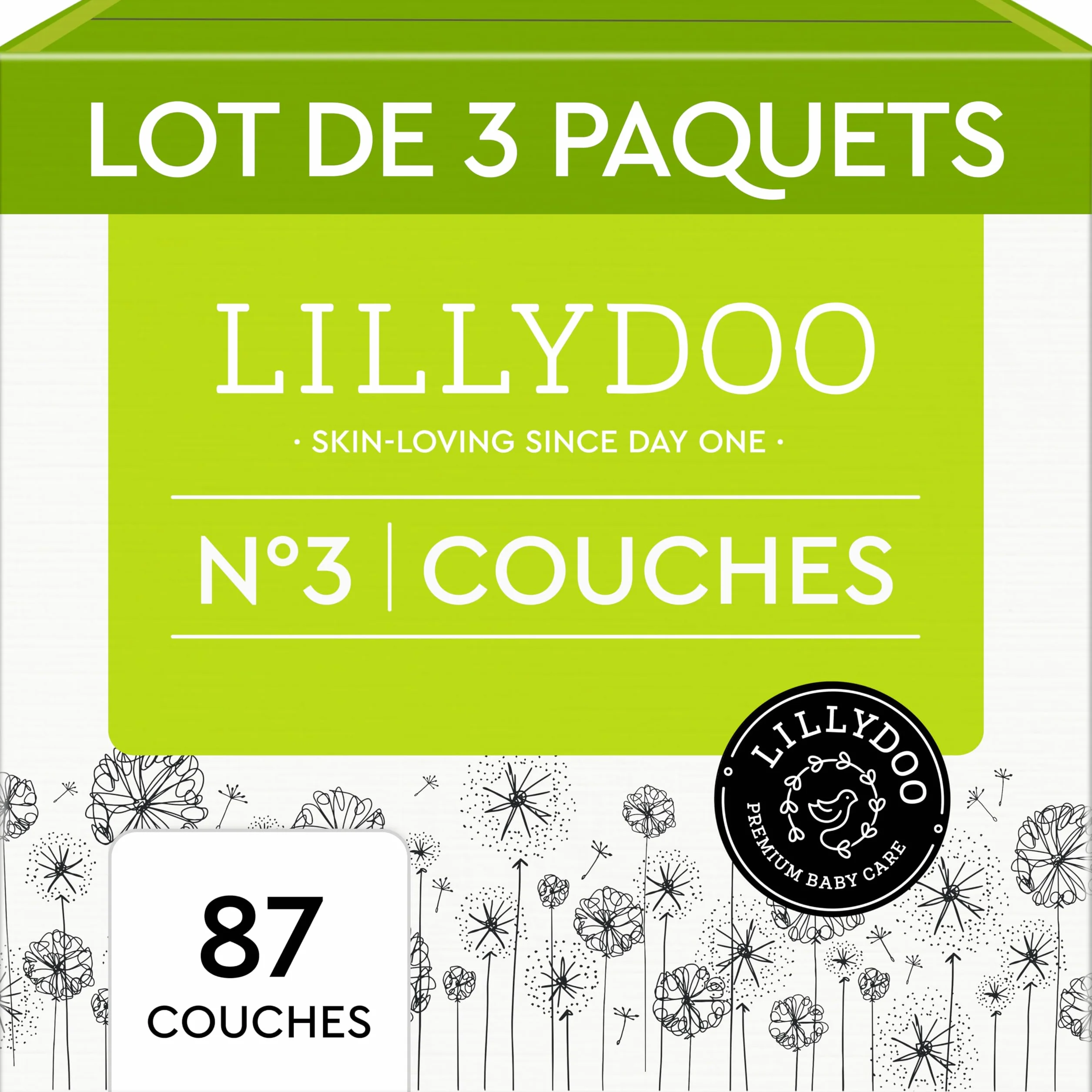LILLYDOO Couches Bébé Hypoallergéniques Taille 3 (6+ kg) Lot de 3 Paquets 87 Pièces Ultra Douces Absorbantes sans Parfum