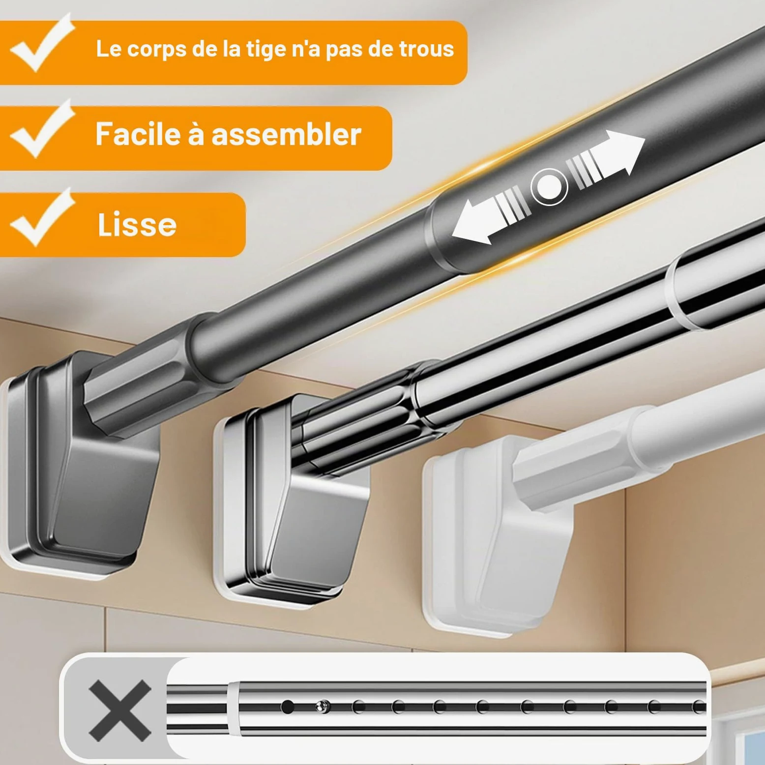 Tringle à Rideau de Douche Réglable 40-490cm, Tringle télescopique sans perçage, ne rouille jamais Tringle à rideau extensible pour rideaux de salle de bain et chambre à coucher(Noir,310-400cm)
