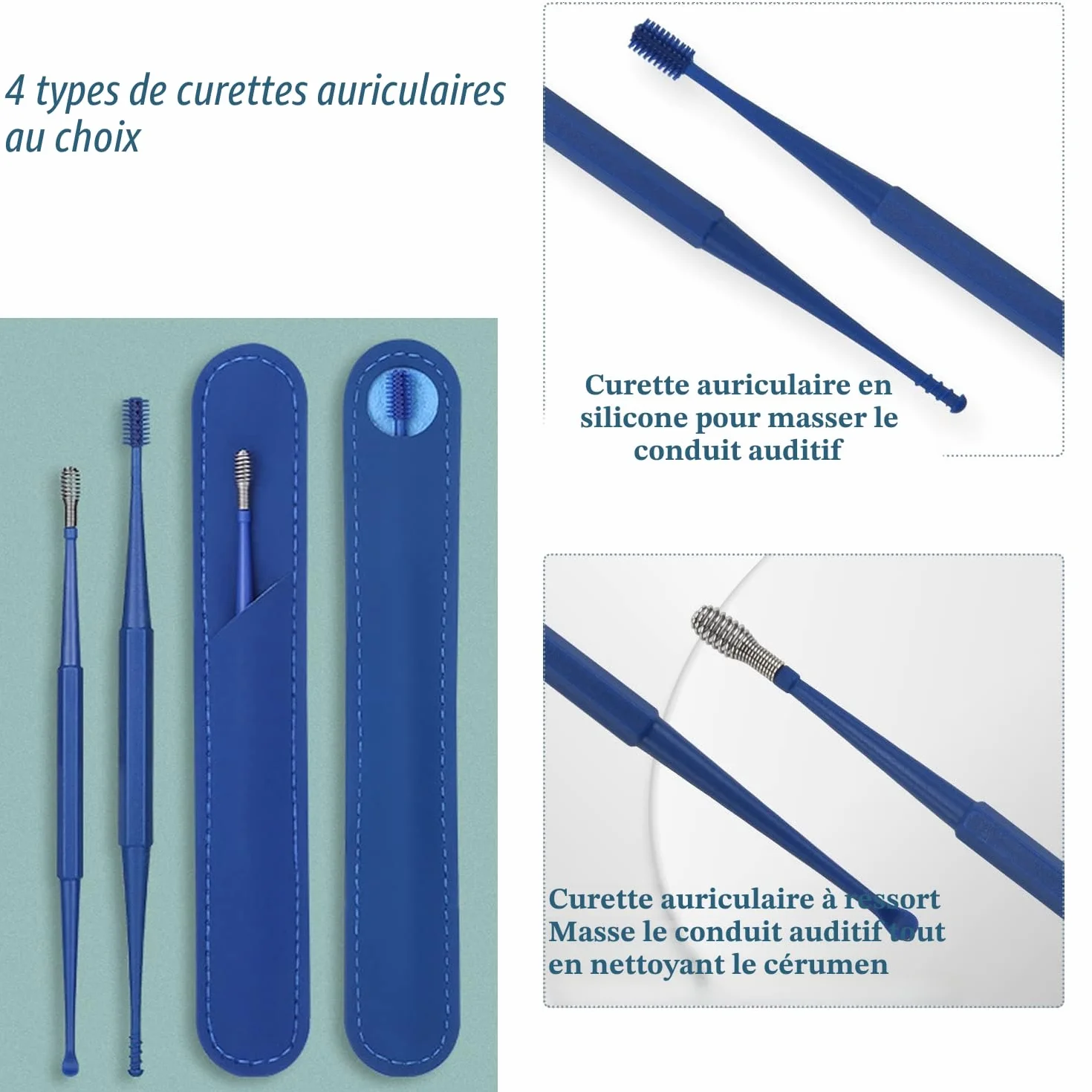 Aspirateur de Cérumen Électrique 360° Silicone Têtes de Rechange Bleu