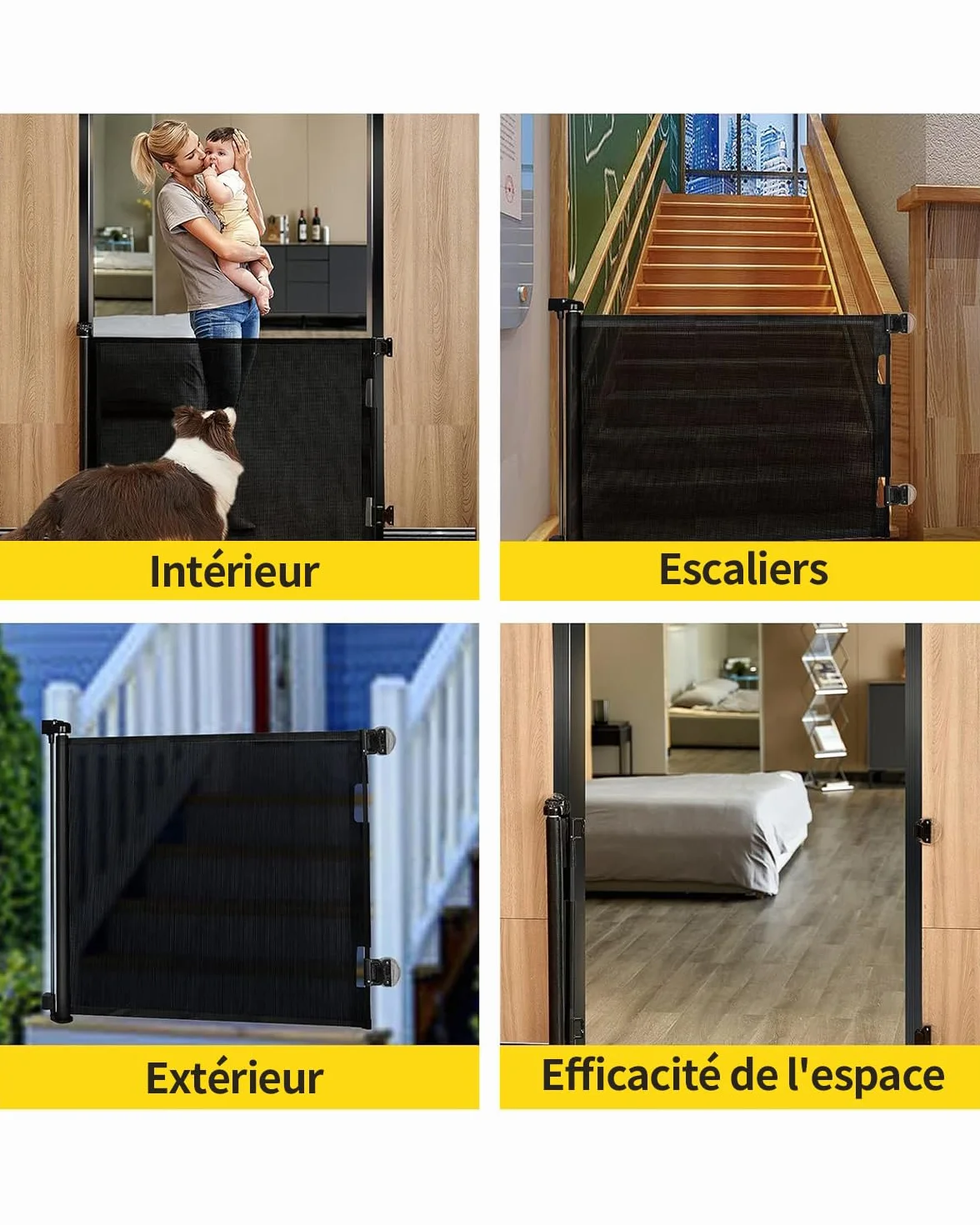 Barrière de Sécurité Enfant Extensible Rétractable 0-140cm - Barrière Escalier Enfant et Chien Intérieur/Extérieur Noir