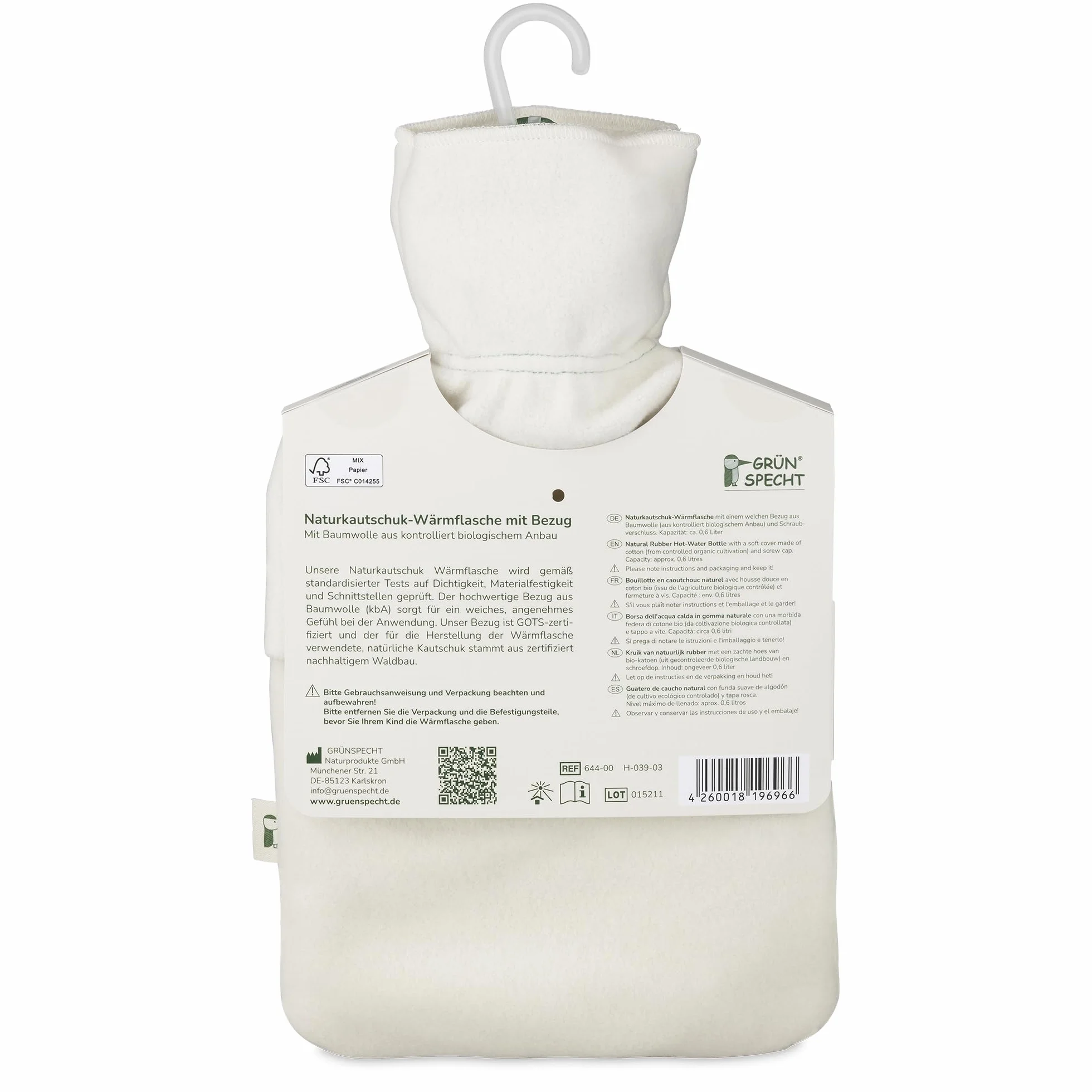 GRÜNSPECHT Bouillotte en caoutchouc naturel avec housse blanche bio 100% coton GOTS