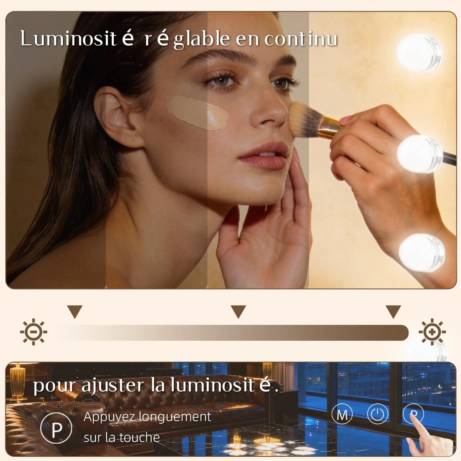 Miroir Coiffeuse de Maquillage 58×46 cm LED 15 Lampes Super HD Grossissement ×10 3 Couleurs Intensité Réglable USB