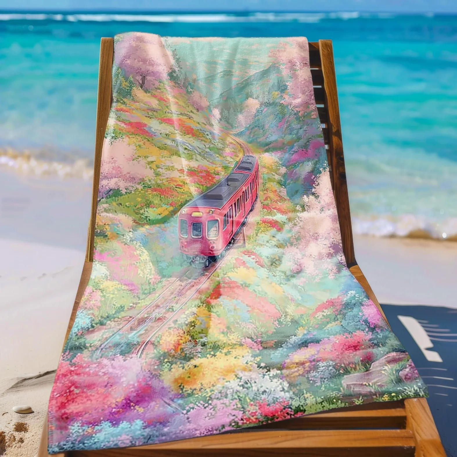 Tapis de Plage XXL Anti Sable Train, Fleurs Roses Serviette Piscine Adulte,Natte De Plage Pliable, Voyage Accessoires De Plage Camping,Serviette de Bain Personnalisée