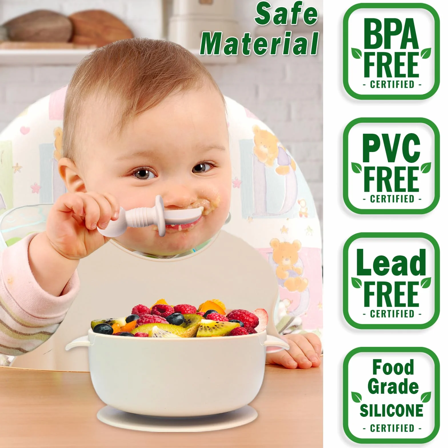 Coffret Repas Bebe Silicone Set Vaisselle Assiette Ventouse Bavoir Couverts Enfant Sevrage Manger Beige