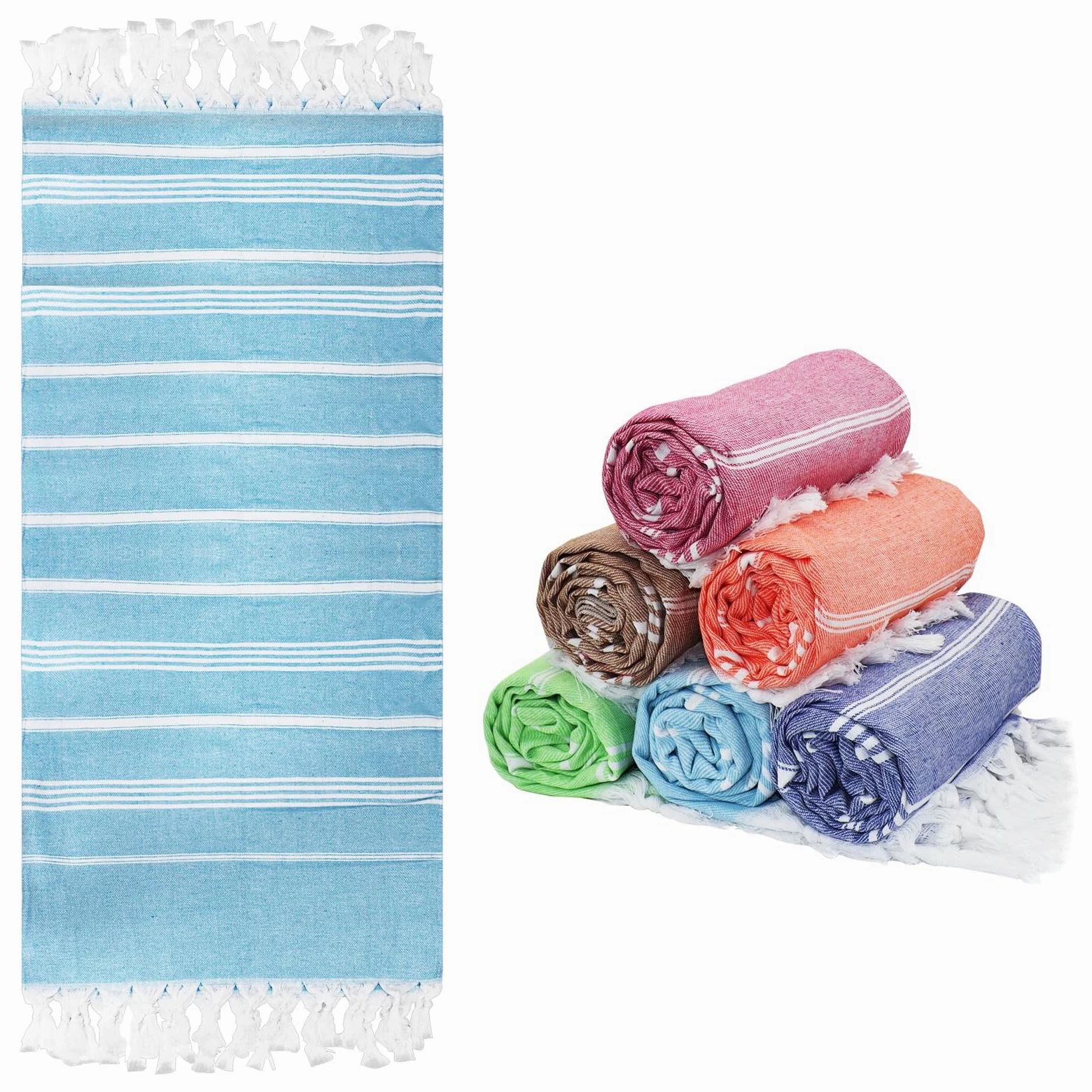 Lot de 6 Serviettes de Plage Fouta en Coton, 90 x 180 cm, avec Franges | Draps de Bain Légers à Séchage Rapide pour Vacances, Piscine, Camping, Spa, Hammam et Salle de Bain