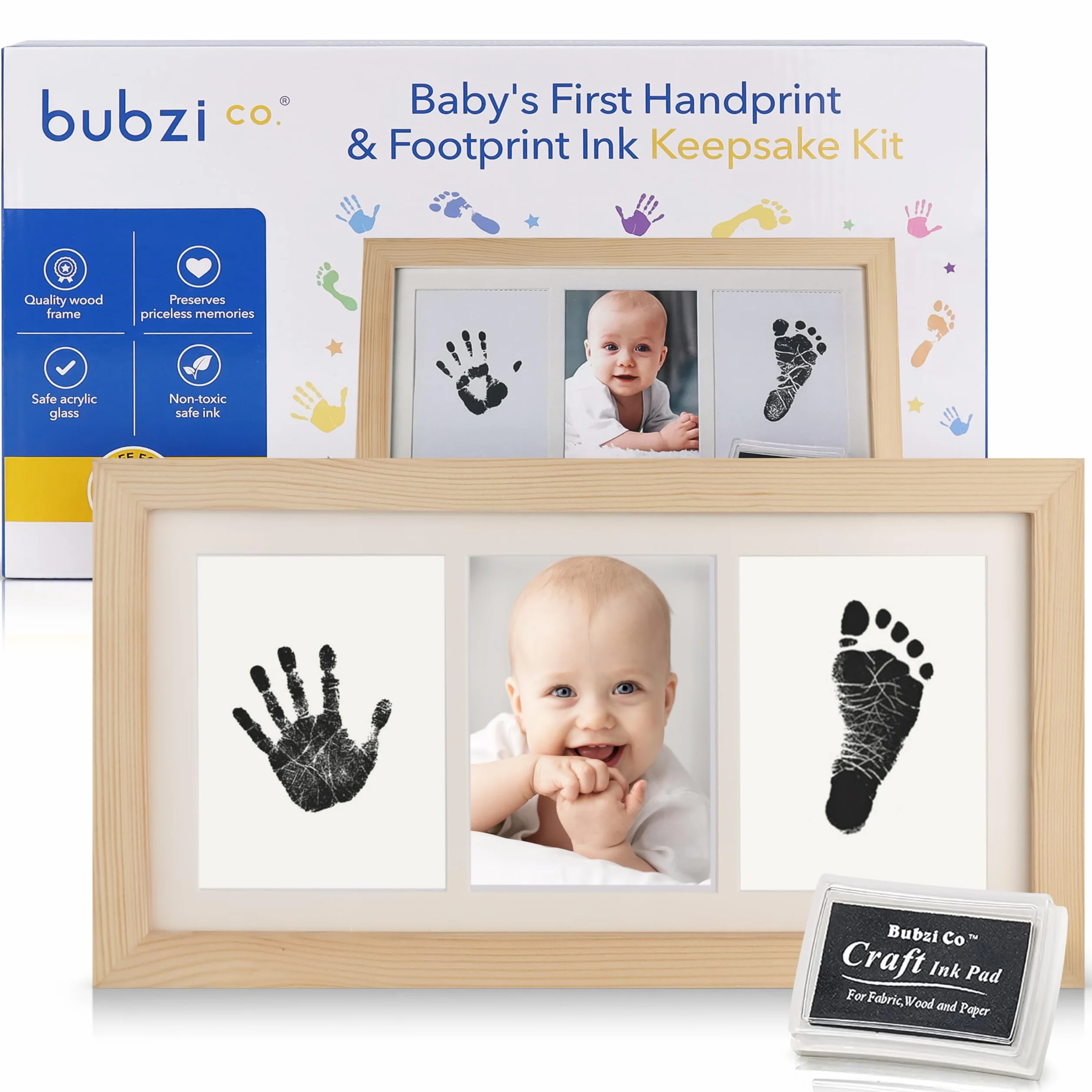 Bubzi Co Empreint Bébé Cadre Déco Blanc Encre Non Toxique Souvenir Personnalisé Décoration Chambre Bébé Cadeau Original Naissance Natural Wood