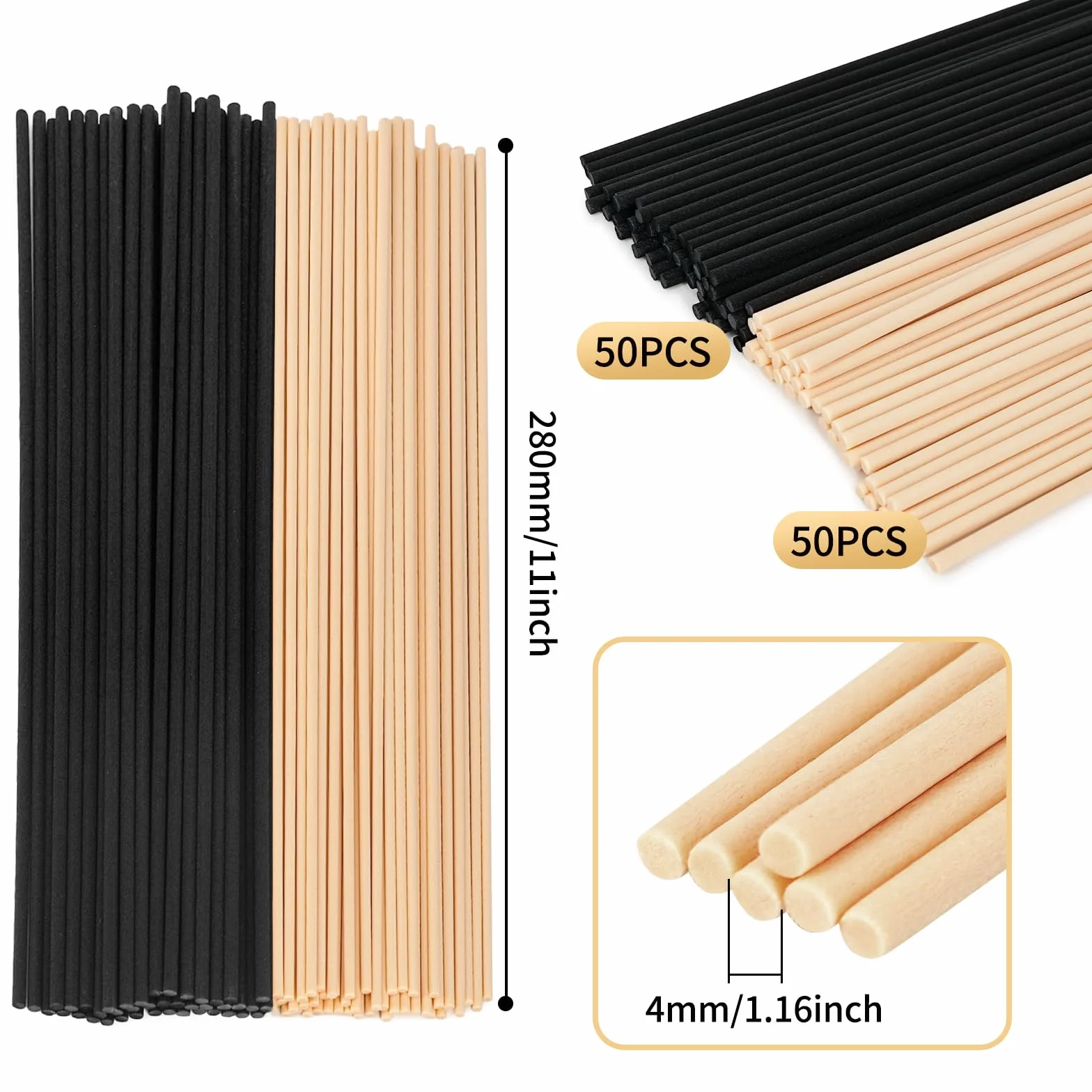 Bâtons de Diffuseur de Roseaux 100 Pièces, Couleur Bois Noir et Naturel