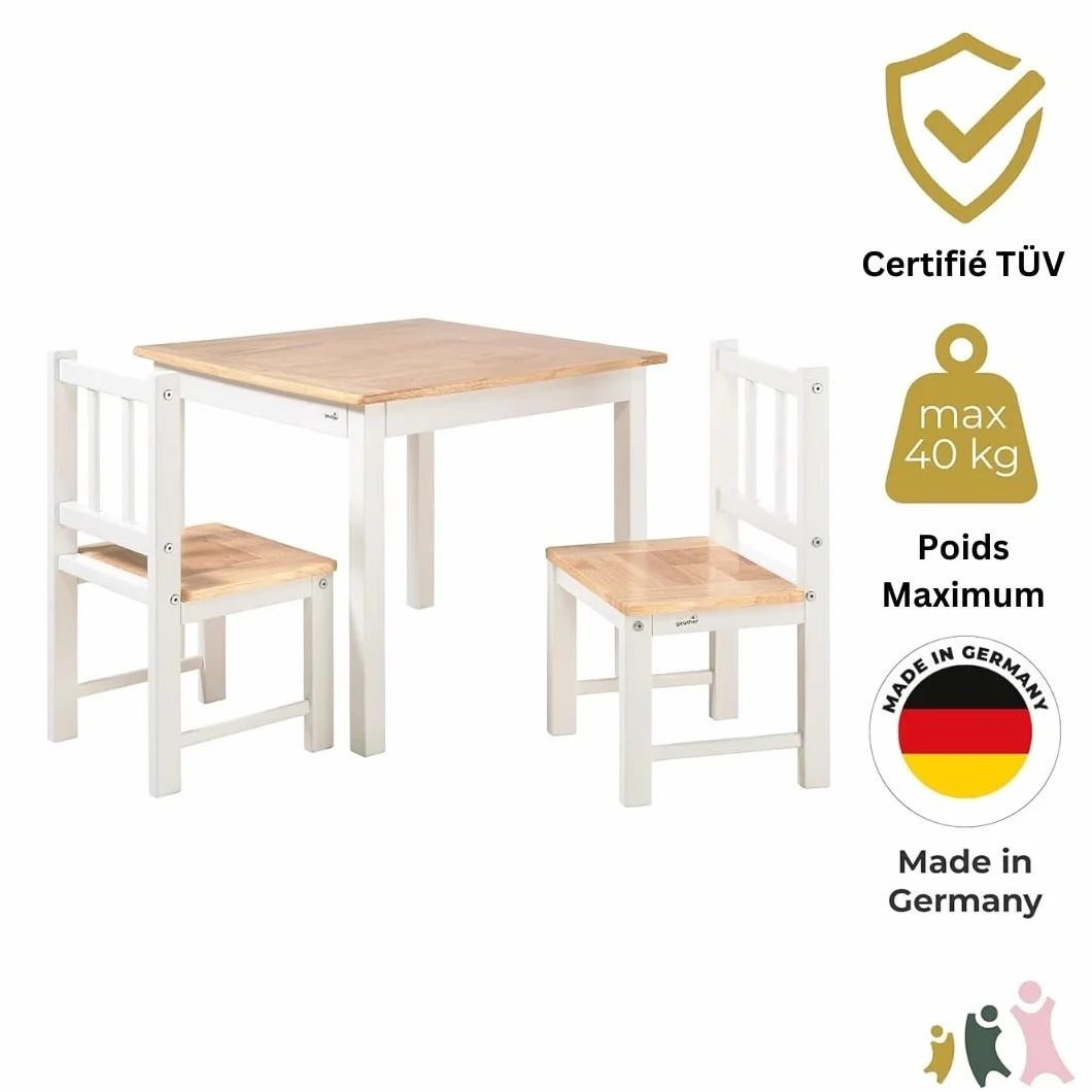 Geuther Ensemble Table et 2 Chaises pour Enfant Bois Haute Qualité Design Ergonomique Durable