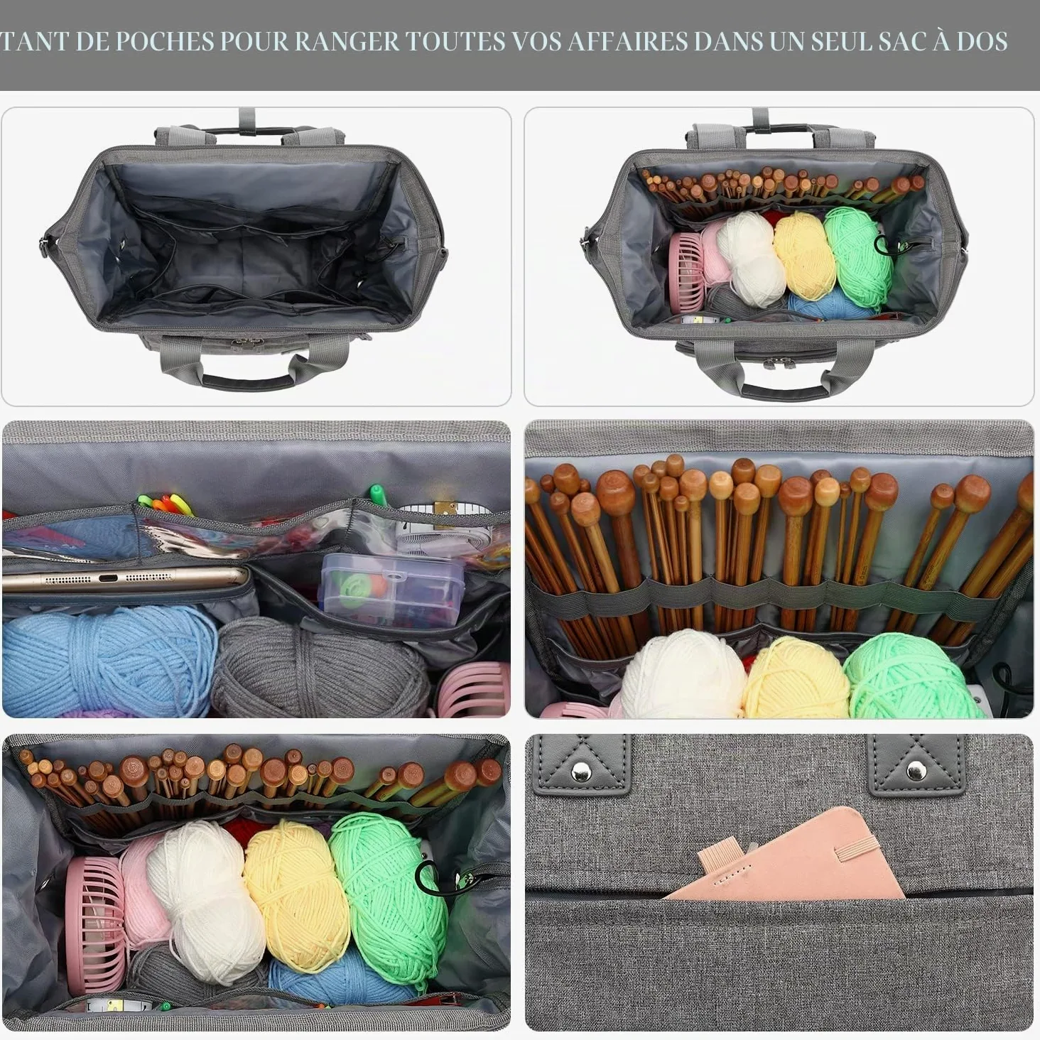 LTINVECK Sac à dos au crochet, sac à tricot, sac à dos de rangement pour fil de fer, sac de voyage avec port de charge USB, grand sac fourre-tout